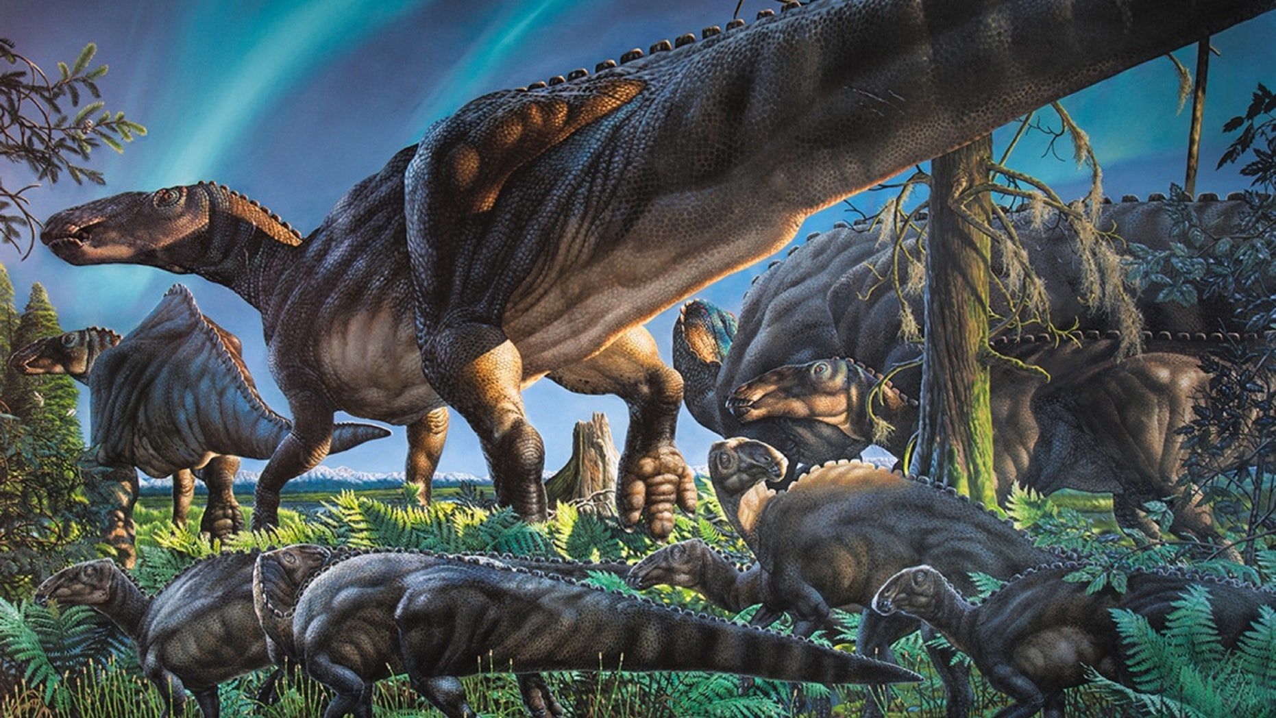 <em>Unnuakomys hutchisoni</em> iis almost undetectable in this mural depicting the Arctic landscape of the late Cretaceous.
