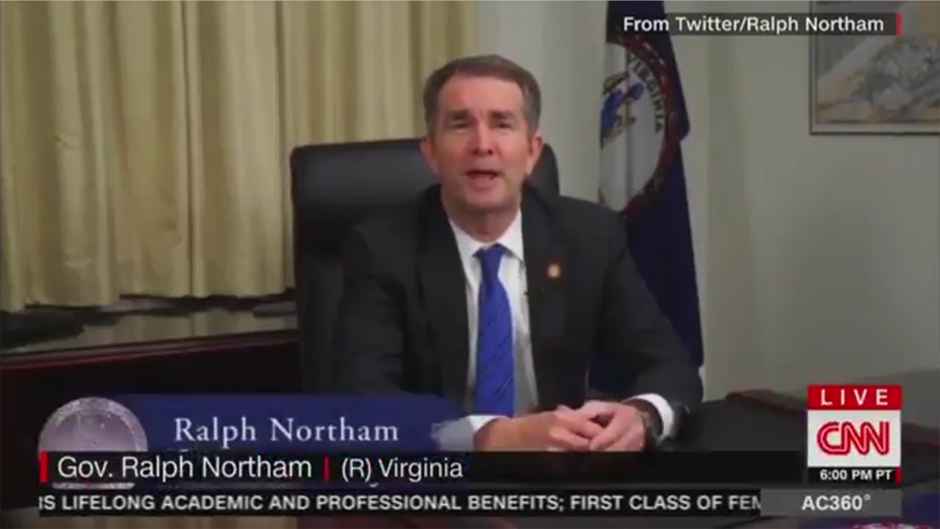 CNN labeled embattled Virginia Democrat Gov. Ralph Northam as a Republican in a chyron during a segment about his apology after his 1984 medical school yearbook page that showed him dressed either in blackface or in a KKK robe.