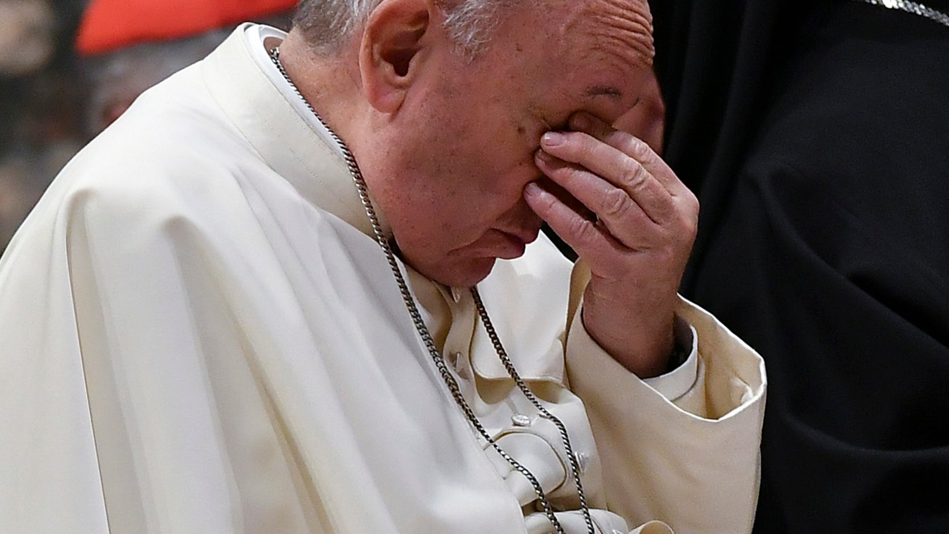 Pope Francis attends a penitential liturgy at the Vatican, Saturday, Feb. 23, 2019. The pontiff is hosting a four-day summit on preventing clergy sexual abuse, a high-stakes meeting designed to impress on Catholic bishops around the world that the problem is global and that there are consequences if they cover it up. (Vincenzo Pinto/Pool Photo Via AP)