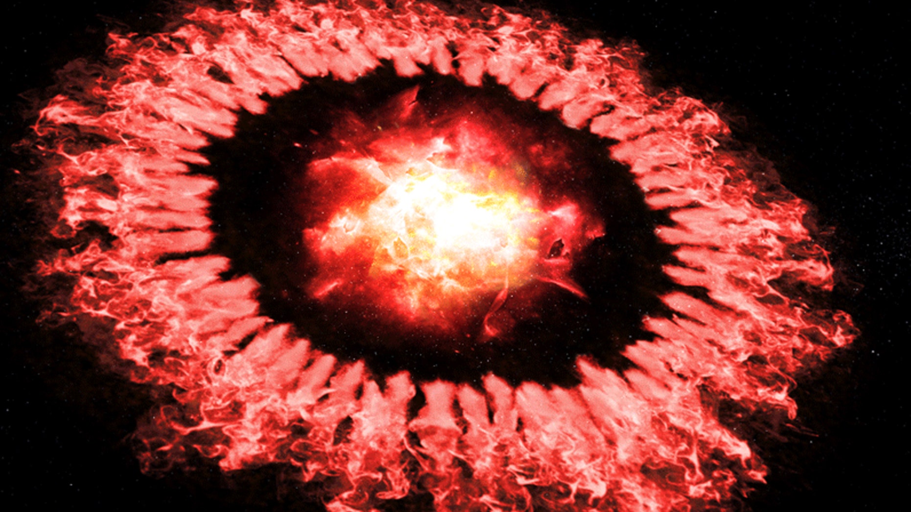 The artist's concept depicting Supernova 1987A, as a powerful explosion wave, passes through the outer ring and destroys most of the dust until dust re-emerges or grows rapidly