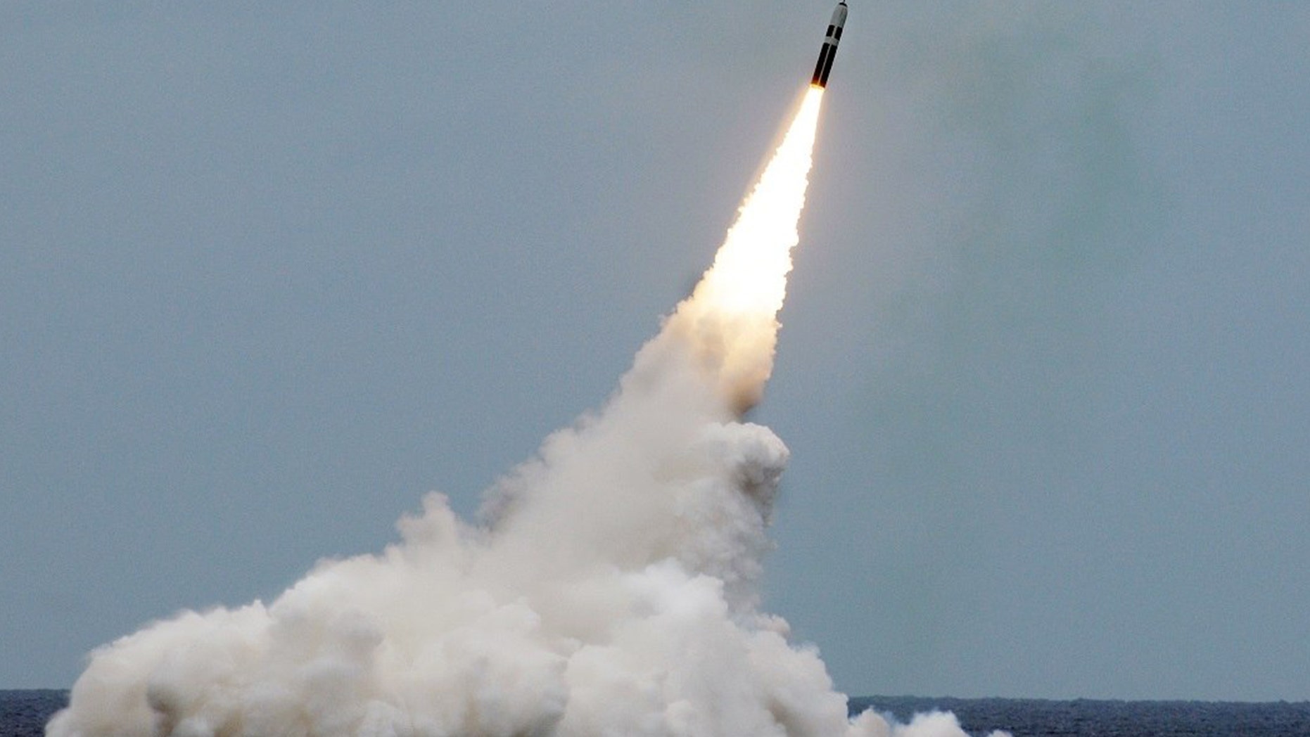 An unarmed Trident II D5 missile launches from the Ohio-class fleet ballistic missile submarine Maryland off the coast of Florida. The U.S. is seeking a low-yield warhead for the Trident.