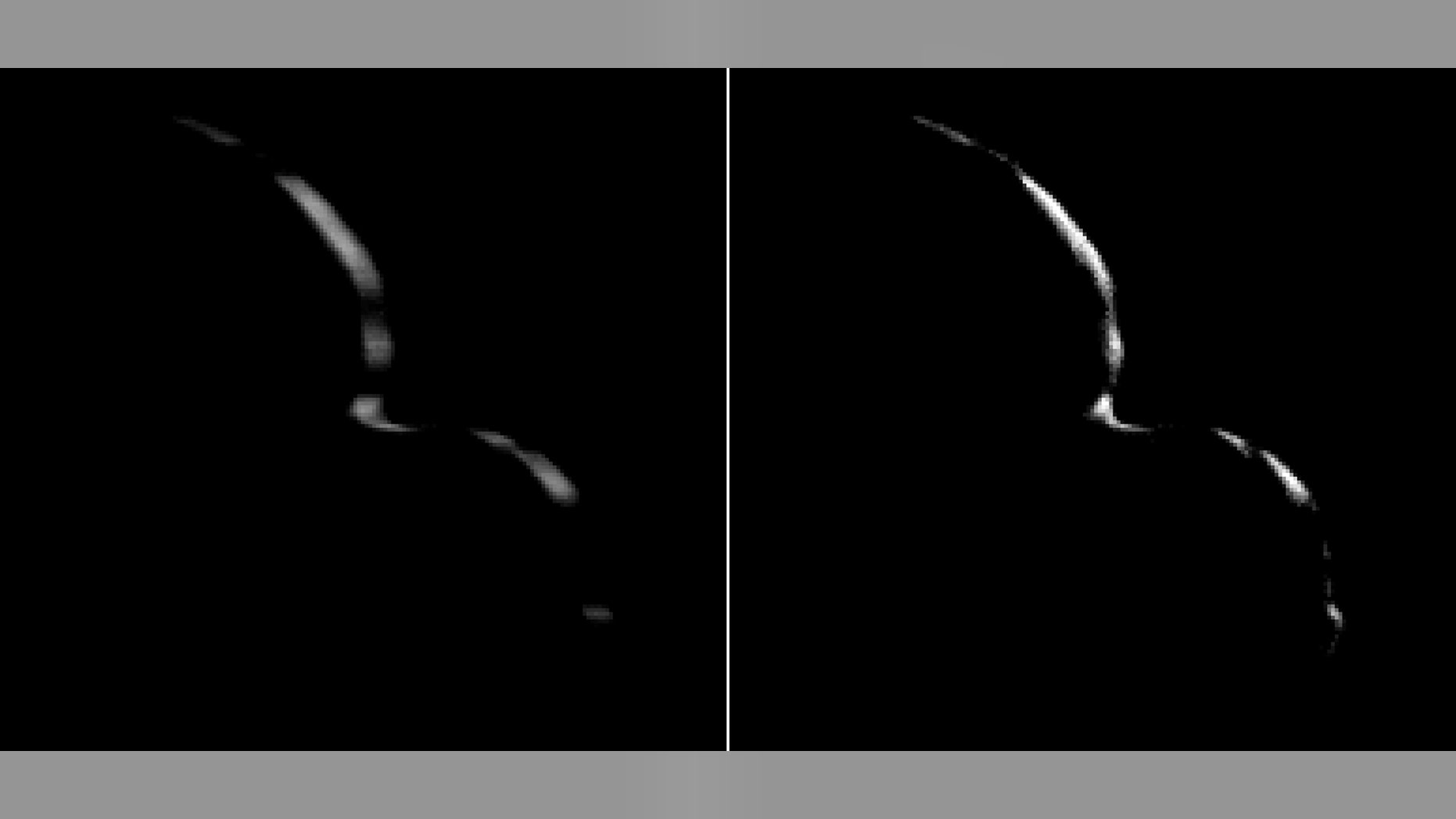 New Horizons took this image of Ultima Thule on Jan. 1, 2019, when the NASA spacecraft was 5,494 miles (8,862 kilometers) beyond it. The image to the left is an "average" of ten images taken by the Long Range Reconnaissance Imager; the crescent is blurred in the raw frames because a relatively long exposure time was used during this rapid scan to boost the camera’s signal level. Mission scientists have been able to process the image, removing the motion blur to produce a sharper, brighter view of Ultima Thule's thin crescent. (Credit: NASA/Johns Hopkins Applied Physics Laboratory/Southwest Research Institute/National Optical Astronomy Observatory)