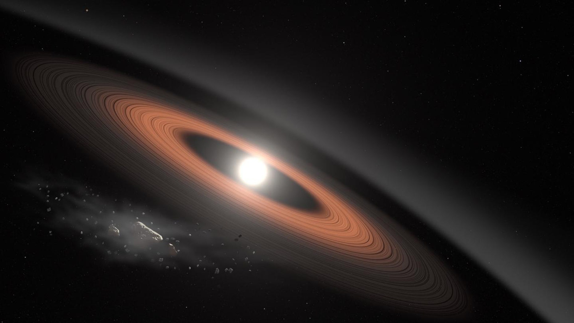 The star, called LSPM J0207 + 3331, is the oldest and coolest white dwarf known to be surrounded by a dusty debris ring. This illustration describes the ring with two separate components, which, according to scientists, best explains the system's infrared signal and an asteroid broken by the gravity of the white dwarf. (NASA Goddard Space Flight Center / Scott Wiessinger)