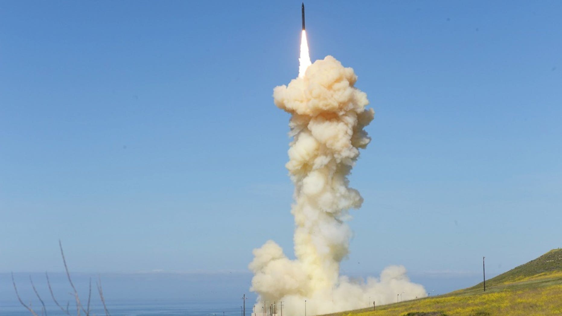 In this photo provided by the Missile Defense Agency, the lead ground-based Interceptor is launched from Vandenberg Air Force Base, Calif., in a "salvo" engagement test of an unarmed missile target Monday, March 25, 2019.