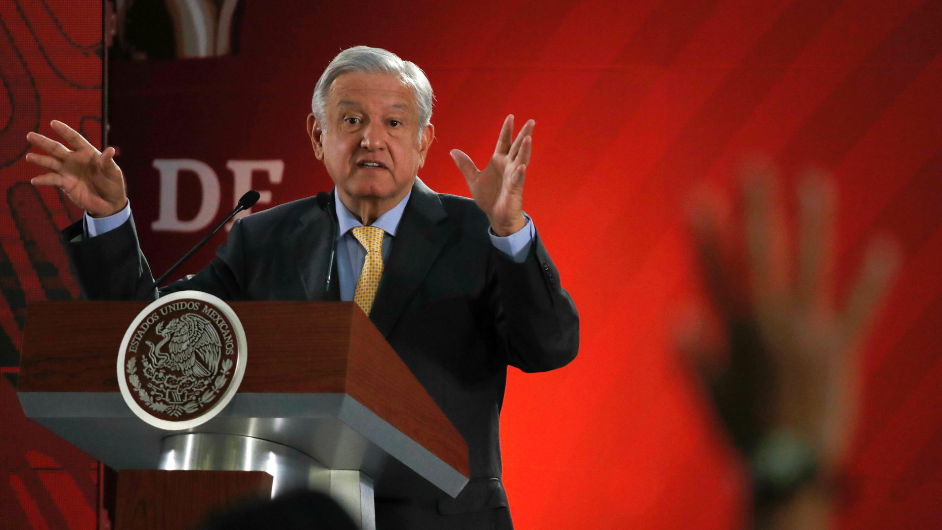 FILE - In this Friday, March 8, 2019 file photo, Mexican President Andres Manuel Lopez Obrador answers questions from journalists at his daily 7 a.m. press conference at the National Palace in Mexico City. Lopez Obrador said he sent a letter to Spain and the Vatican on March 1, asking them to apologize for the conquest of the Americas five centuries ago. (AP Photo/Marco Ugarte, File)