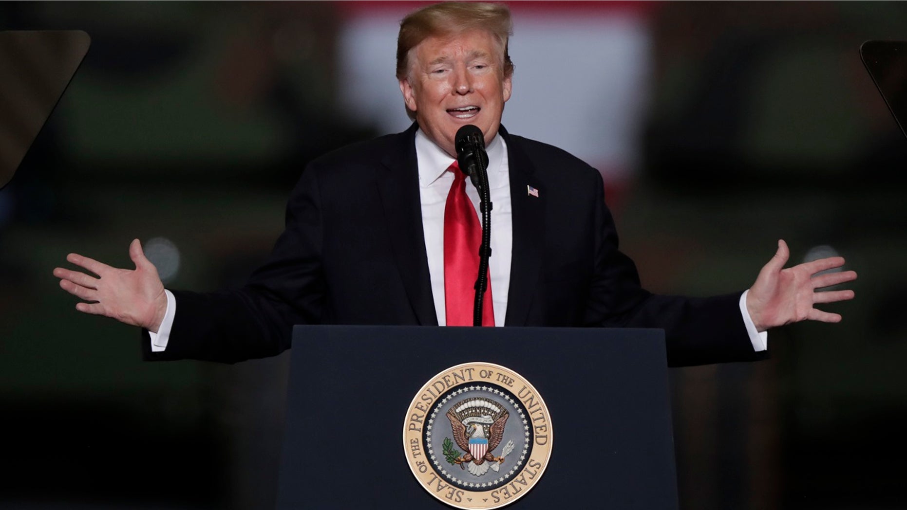 President Trump speaks at Joint Systems Manufacturing Center in Lima, Ohio, Wednesday, March 20, 2019. (Associated Press)