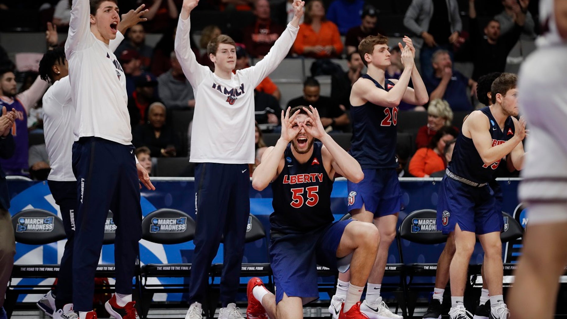 Liberty players celebrate during the second half against Mississippi State in a first-round game in the NCAA men’s college basketball tournament Friday, March 22, 2019, in San Jose, Calif. (Associated Press)