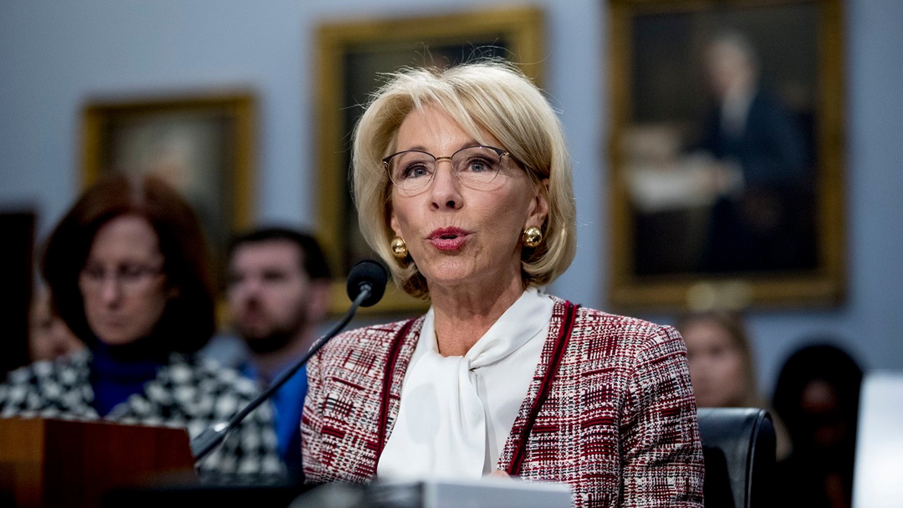 Education Secretary, Betsy DeVos, speaks at a House Budget Credits Subcommittee hearing on Capitol Hill, Washington, on March 26, 2019. (Associated Press)