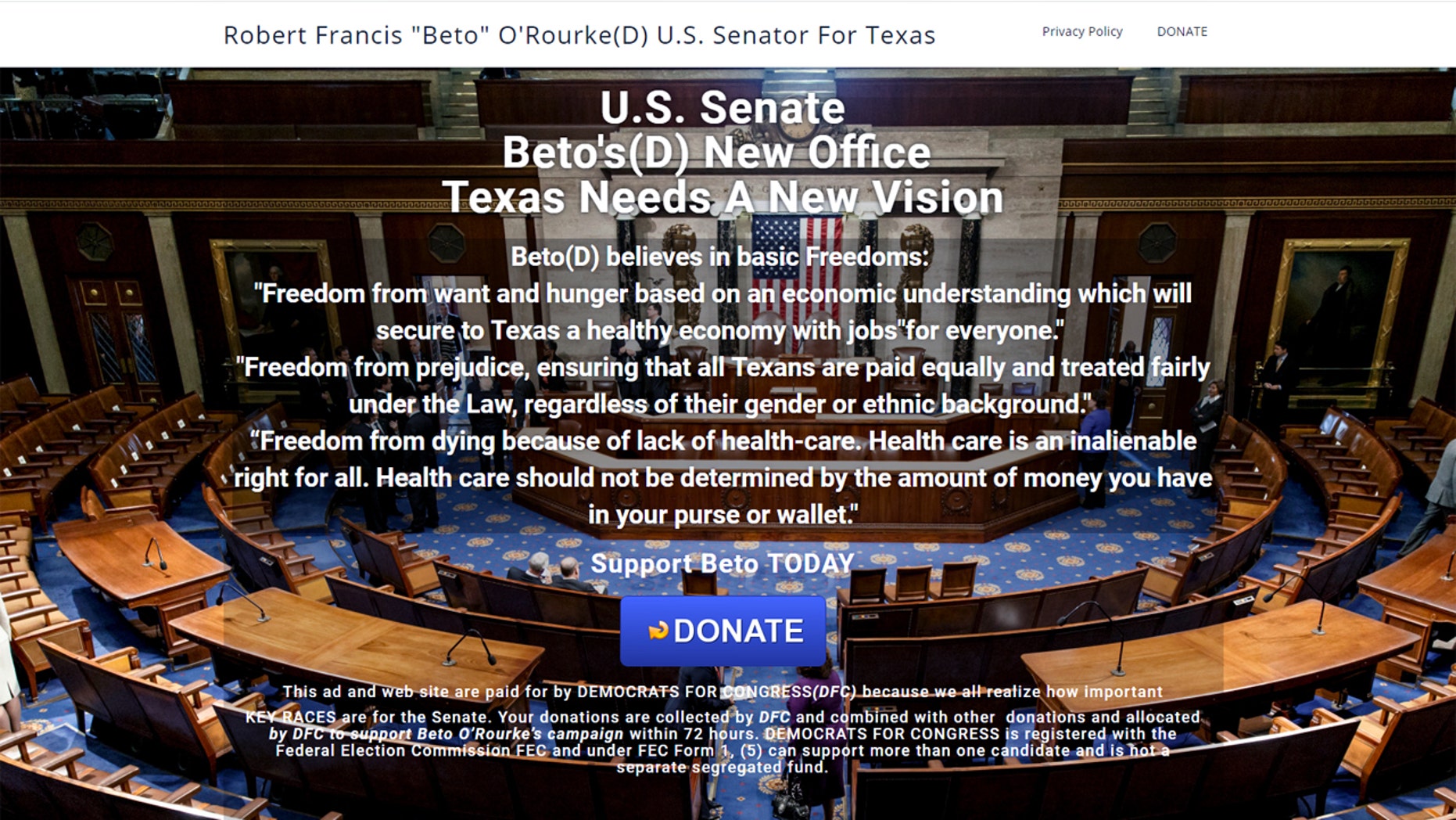 Federal prosecutors say John Dupont created this fake fundraising page for Beto O'Rourke's 2018 Senate campaign.