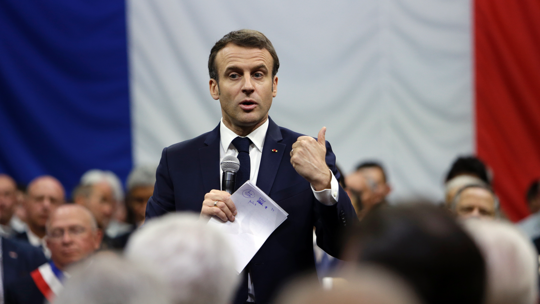 French President Emmanuel Macron attends a meeting as part of the "great national debate" on ecology matters in Greoux Les Bains, south of France, Thursday, March 7, 2019. (AP Photo/Claude Paris, Pool)
