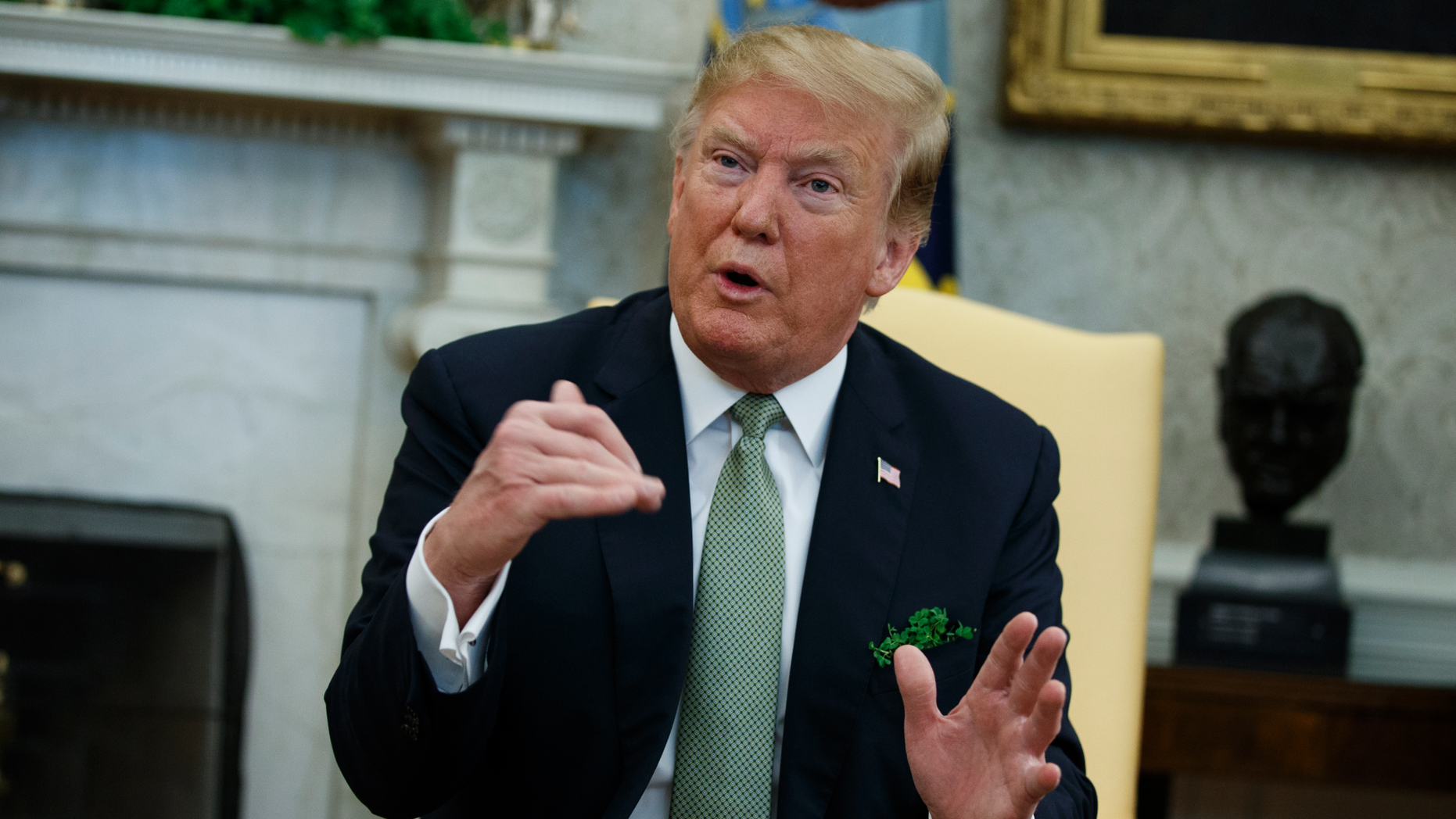 President Donald Trump speaks during a assembly with Irish Prime Minister Leo Varadkar in a Oval Office of a White House, Thursday, Mar 14, 2019, in Washington. (AP Photo/ Evan Vucci)