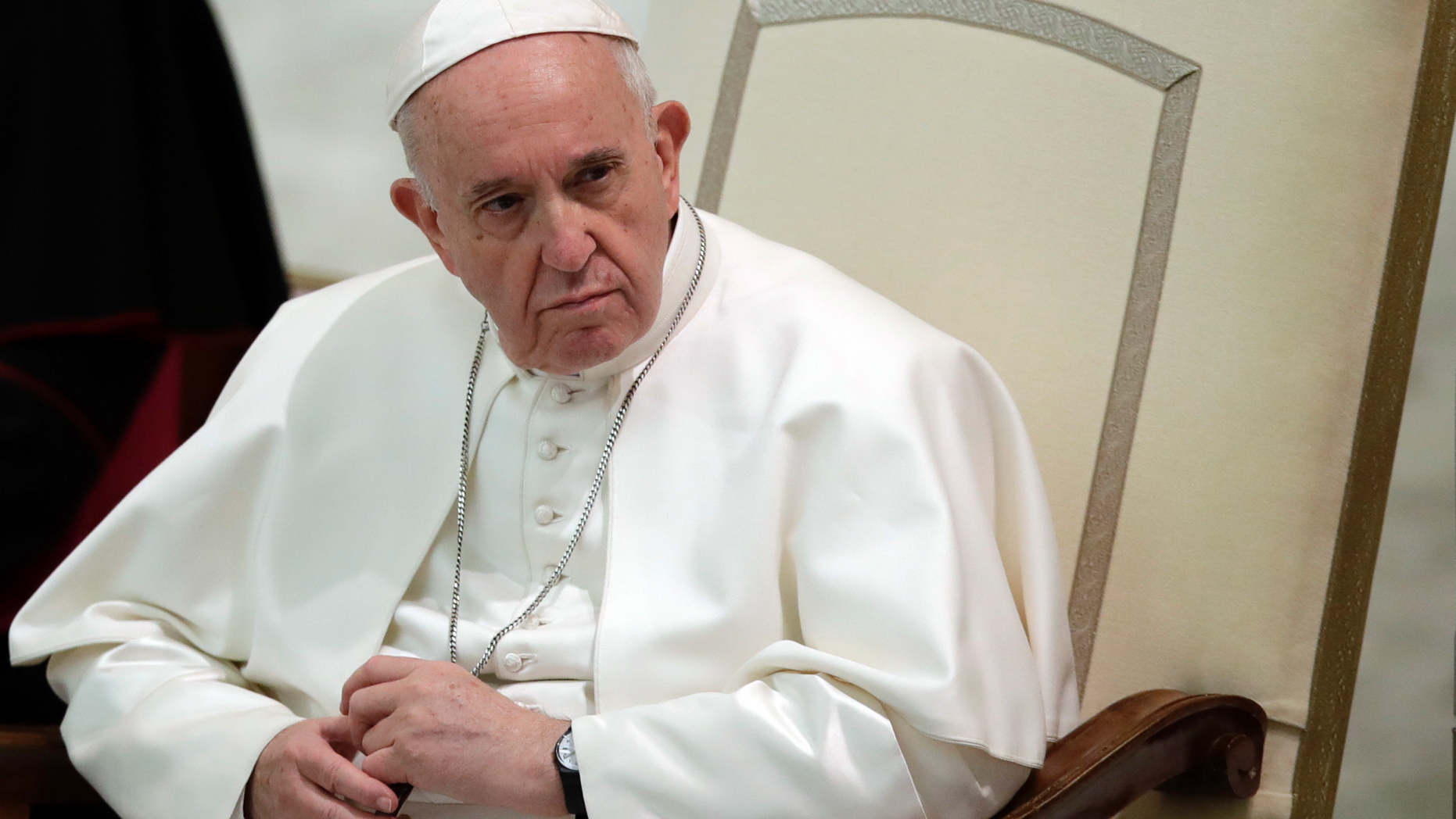 Pope Francis attends an audience with personnel and families of the Italian Court of Auditors (Corte dei Conti) in the Paul VI Hall at the Vatican Monday, March 18, 2019. (AP Photo/Alessandra Tarantino)