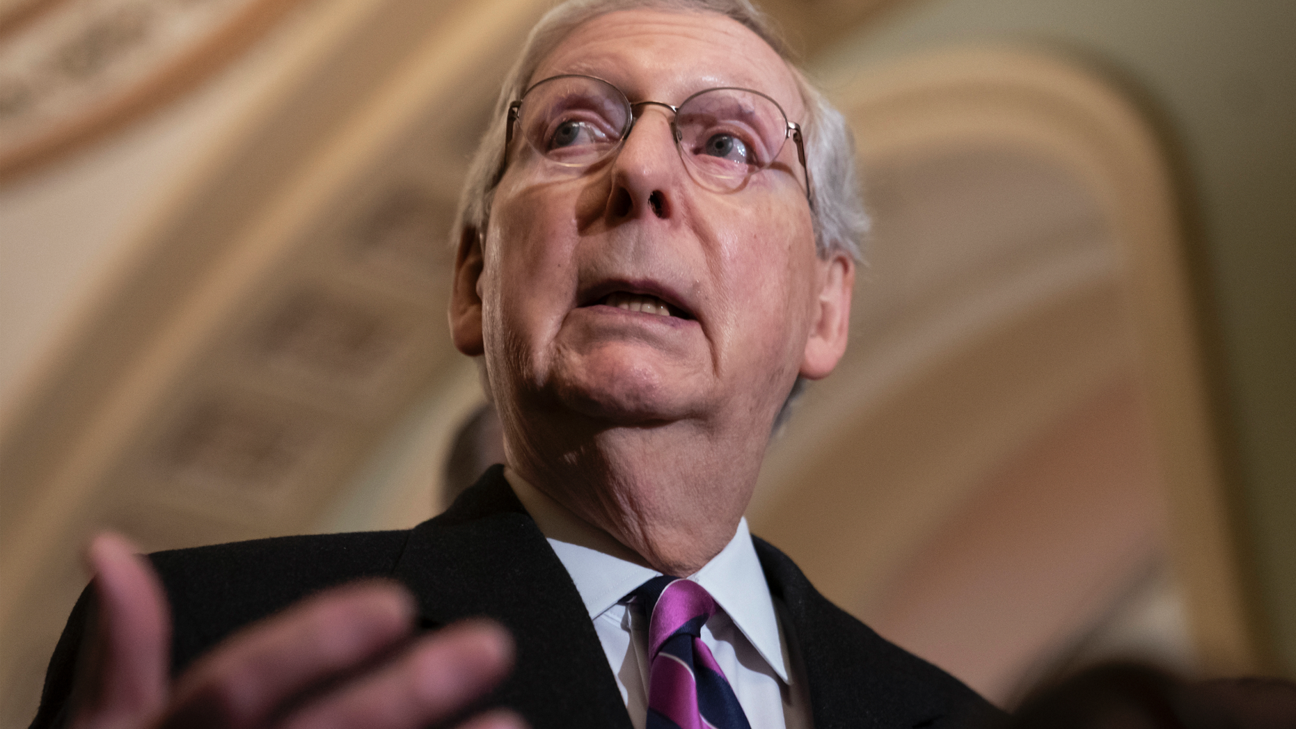FILE - In this Feb. 26, 2019 file photo, Senate Majority Leader Mitch McConnell, R-Ky., speaks to reporters on Capitol Hill in Washington. McConnell acknowledged Monday that opponents of President Donald Trump’s declaration of a national emergency along the U.S.-Mexico border have enough votes in the Republican-led Senate to prevail on a resolution aimed at blocking the move. McConnell, who fell in line behind Trump despite his own misgivings about the declaration, said Trump will veto the resolution and that it’s likely to be sustained in Congress. McConnell’s remarks in his home state came after fellow Kentucky Sen. Rand Paul became the latest GOP lawmaker to say he can’t go along with the White House on the emergency declaration. (AP Photo/J. Scott Applewhite)