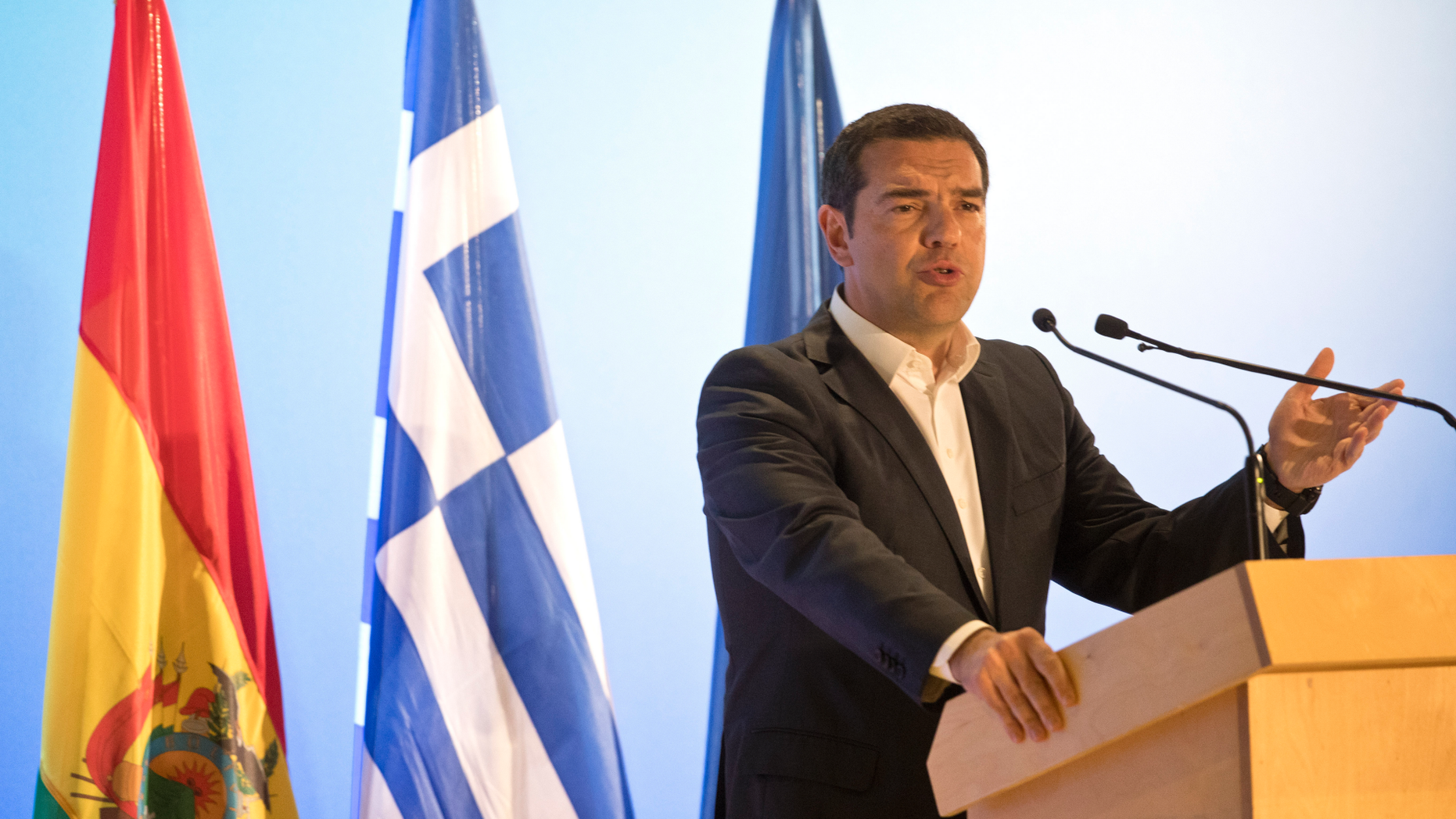 Greek Prime Minister Alexis Tsipras, speaks during a joint conference with Bolivian President Evo Morales in Athens, on Thursday, March 14, 2019. Morales is in Greece on a two-day official visit.(AP Photo/Petros Giannakouris)