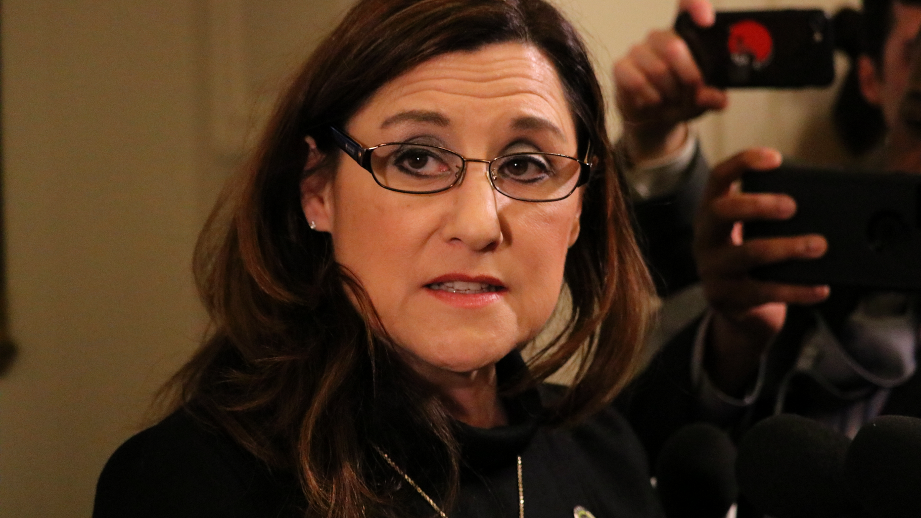 Maryland Del. Mary Ann Lisanti talks to reporters after the House of Delegates voted to censure her on Thursday, Feb. 28, 2019 in Annapolis, Md., for making a racial slur about a majority-black county. (AP Photo/Brian Witte)