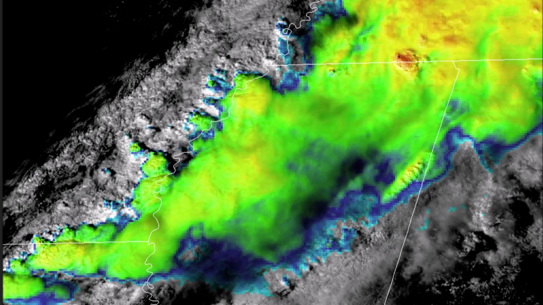 This image from video provided by the National Oceanic and Atmospheric Administration shows satellite imagery of a severe storm blowing across northern Mississippi, Saturday, March 9, 2019. Strong winds tore away roofs and pulled down bricks from some buildings in one community in the state. (NOAA via AP)