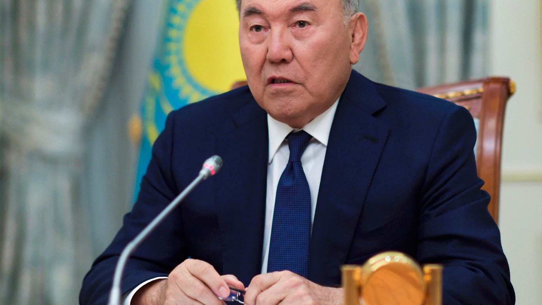 Kazakh President Nursultan Nazarbayev speaks during a televised address to the oil-rich nation in Astana, Kazakhstan, Tuesday, March 19, 2019. President Nursultan Nazarbayev, the only leader that independent Kazakhstan has ever known, abruptly announced his resignation Tuesday after three decades in power, raising uncertainty over the future course of the Central Asian country. (Kazakhstan's Presidential Press Service via AP)