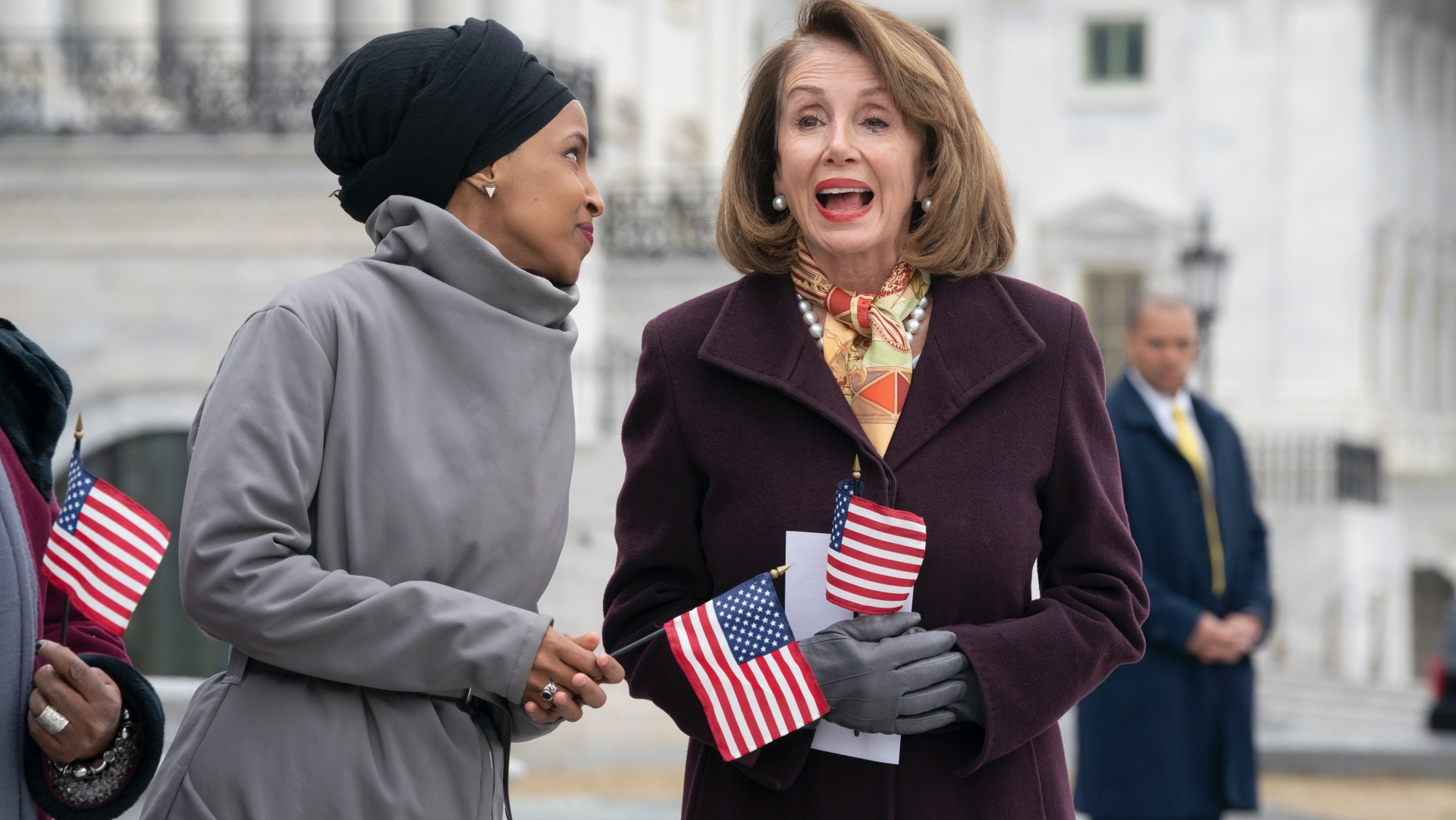 Speaker Nancy Pelosi defended Democrat Rep. Ilhan Omar and said she doesn't think the congresswoman is anti-Semitic at an Economic Club event Friday. Omar and Pelosi are pictured outside the Capitol. (AP Photo/J. Scott Applewhite)