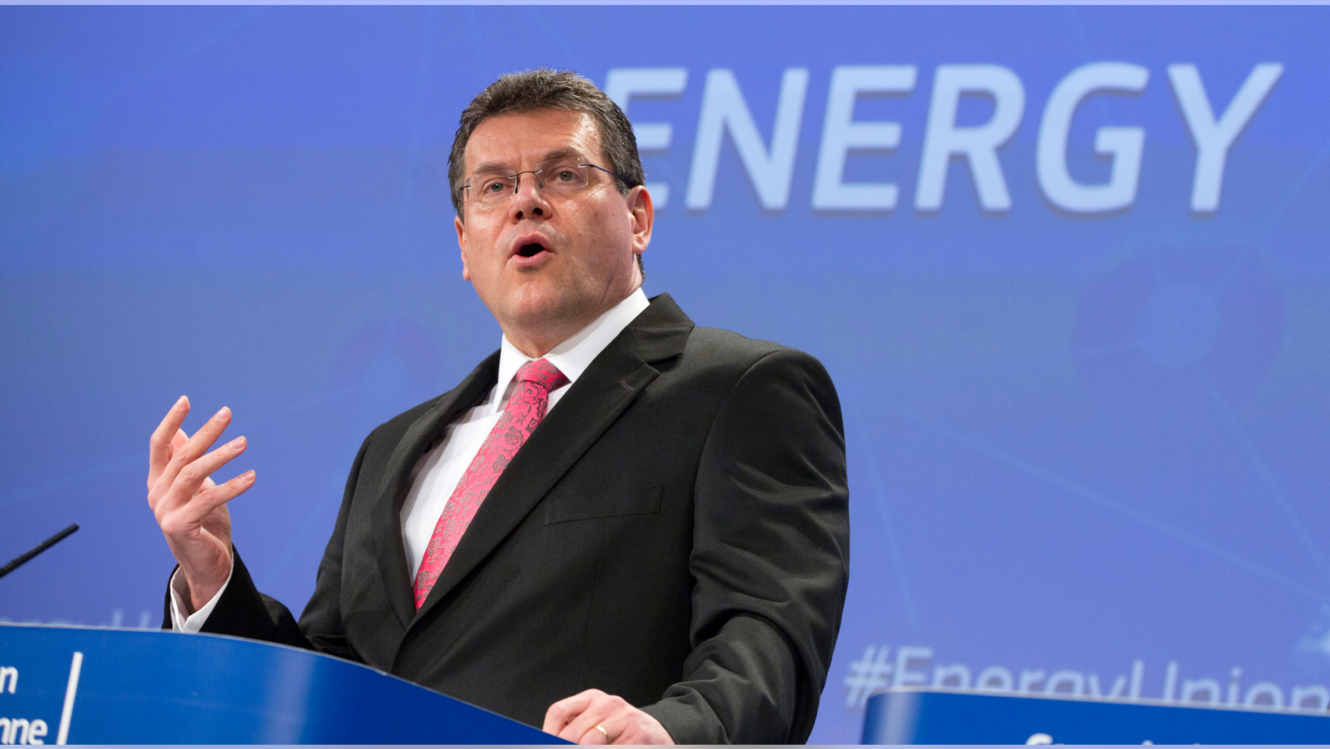 In this file photo taken on Wednesday, Feb. 25, 2015, European Commissioner for Energy Union Maros Sefcovic speaks during a media conference at EU headquarters in Brussels, Belgium. Sefcovic is one of the favorite candidate to succeed Slovakia's President Andrej Kiska in the upcoming elections. Slovakia holds the presidential elections on Saturday, March 16, 2019. (AP Photo/Virginia Mayo/File)