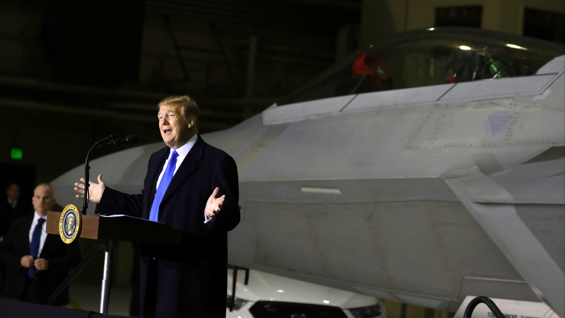 President Donald Trump addresses members of the Elmendorf-Richardson Common Base on Thursday, February 28, 2019 in Anchorage, Alaska, during a refueling stopover on his way home from Hanoi. (AP Photo / Evan Vucci)
