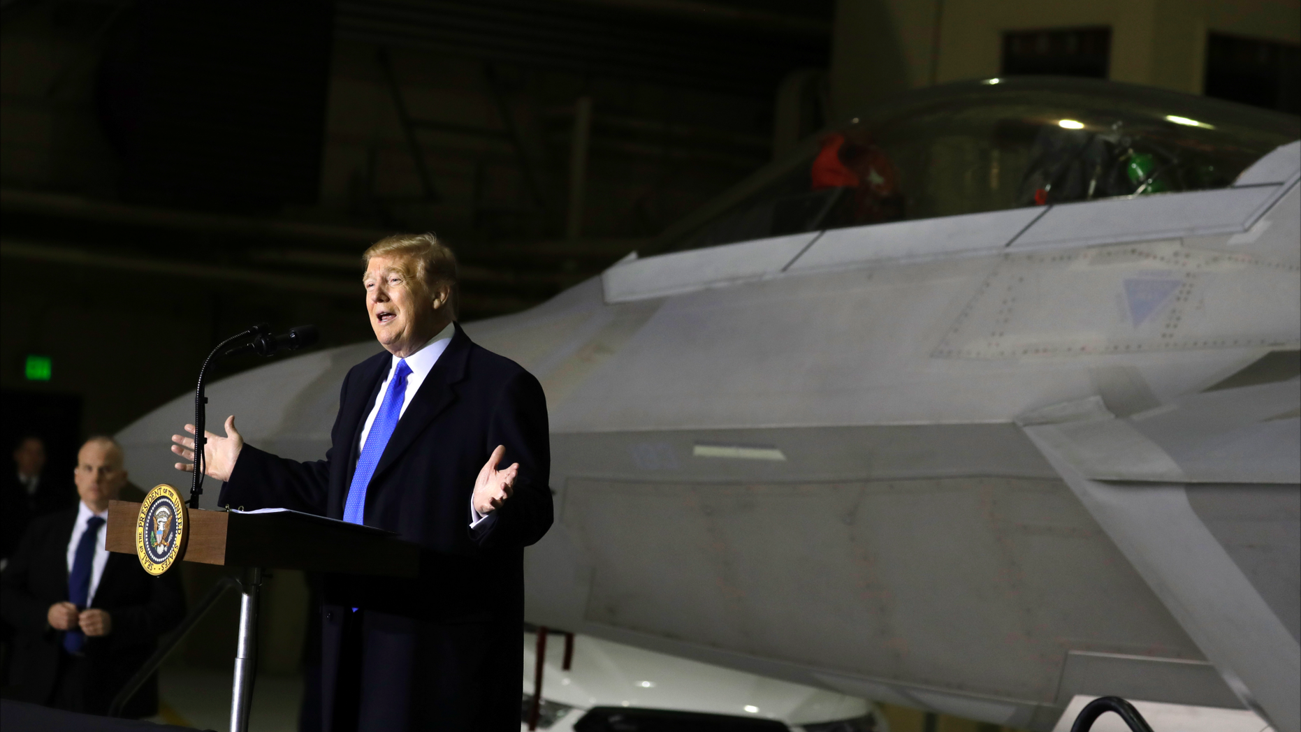 President Donald Trump addresses members of the Elmendorf-Richardson Common Base on Thursday, February 28, 2019 in Anchorage, Alaska, during a refueling stopover on his way home from Hanoi. (AP Photo / Evan Vucci)