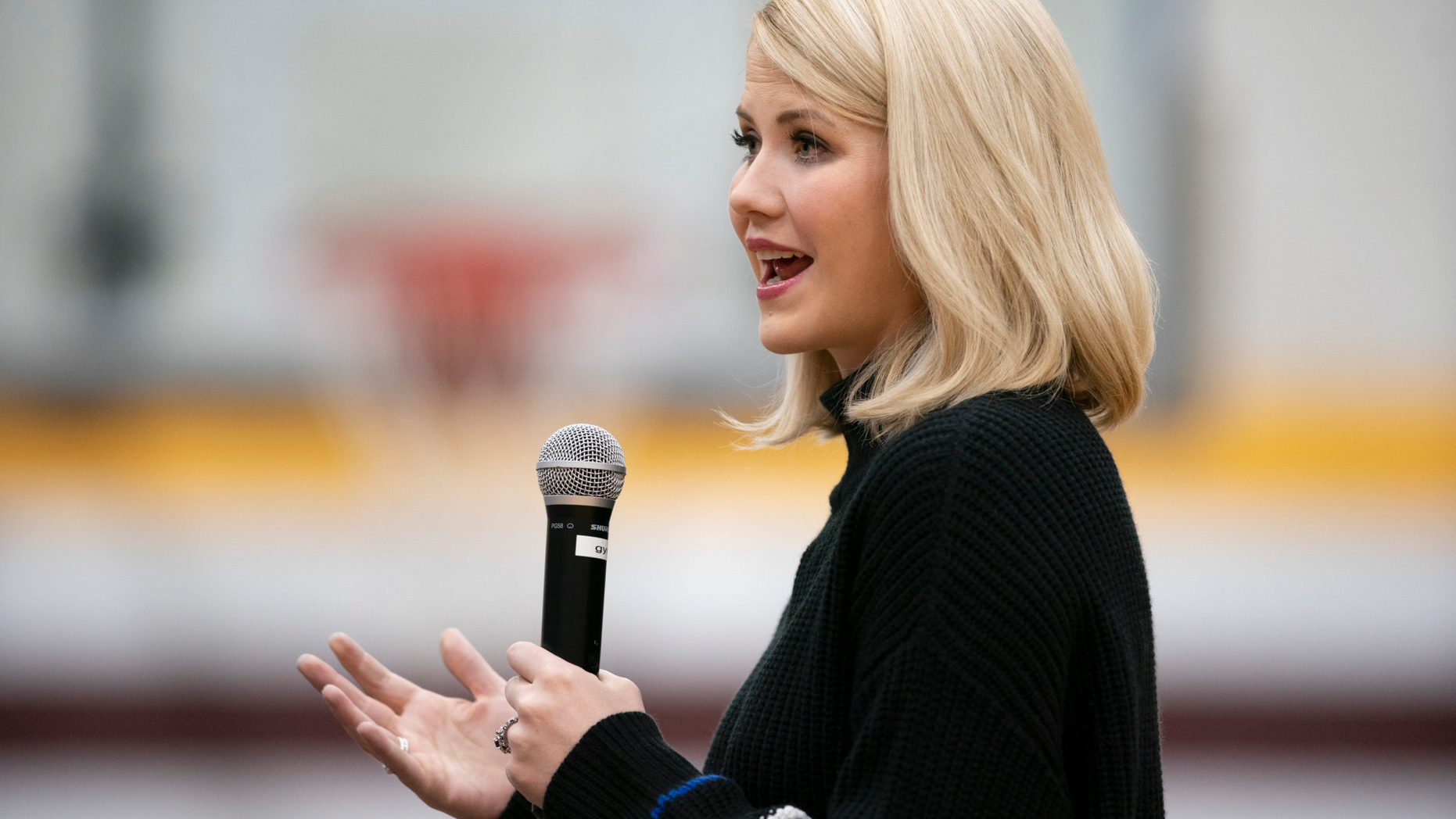In this Friday, March 15, 2019, photo, Elizabeth Smart, who was kidnapped and held hostage at the age of 14 for nine months in 2002, speaks in the aftermath of the abduction of local teen Jayme Closs last October and the killing of Jayme's parents, at a town hall forum at Barron High School in Barron, Wis. (Renee Jones Schneider/Star Tribune via AP)