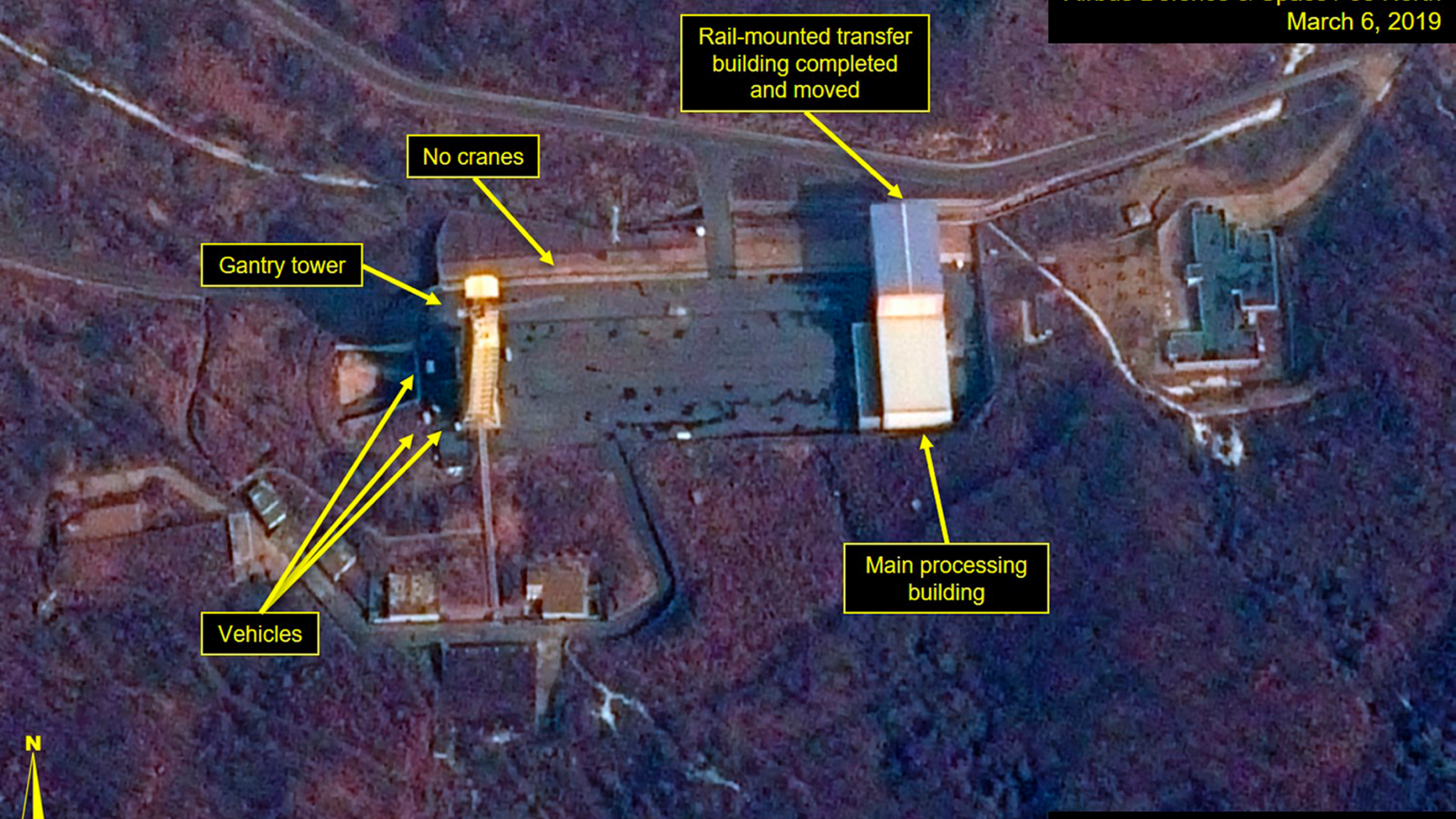 This image provided by Airbus Defence & Space and 38 North via a satellite image from CNES which was captured on March 6, 2019, shows the Sohae Satellite Launch Facility in Tongchang-ri, North Korea. North Korea is restoring facilities at the long-range rocket launch, which it dismantled last year as part of disarmament steps, according to foreign experts and a South Korean lawmaker who was briefed by Seoul's spy service. The finding follows a high-stakes nuclear summit last week between North Korean leader Kim Jong Un and President Donald Trump that ended without any agreement. Airbus Defence & Space and 38 North via AP)