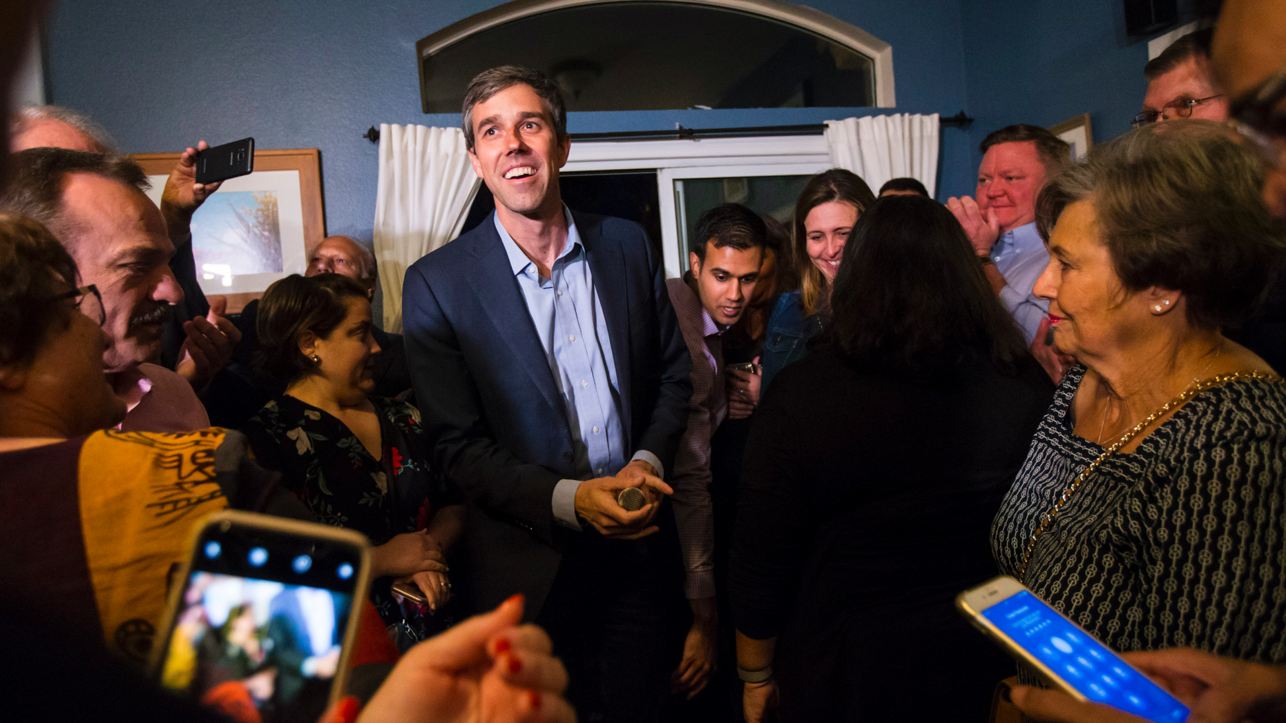 Democratic presidential candidate and former Texas congressman Beto O'Rourke is introduced at a campaign stop at a home in Las Vegas on Saturday, March 23, 2019. (Chase Stevens/Las Vegas Review-Journal via AP)
