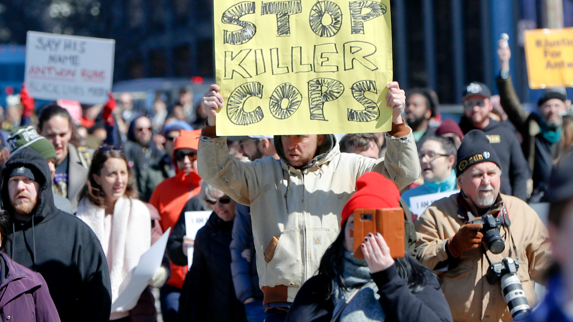 Marchers move through the streets Saturday, March 23, 2019 in Pittsburgh, Pa. The group was calling for justice the day after former East Pittsburgh police officer Michael Rosfeld was acquitted in the homicide trial where he was charged with shooting and killing 17-year-old Antwon Rose II last summer near Pittsburgh. (AP Photo/Keith Srakocic)