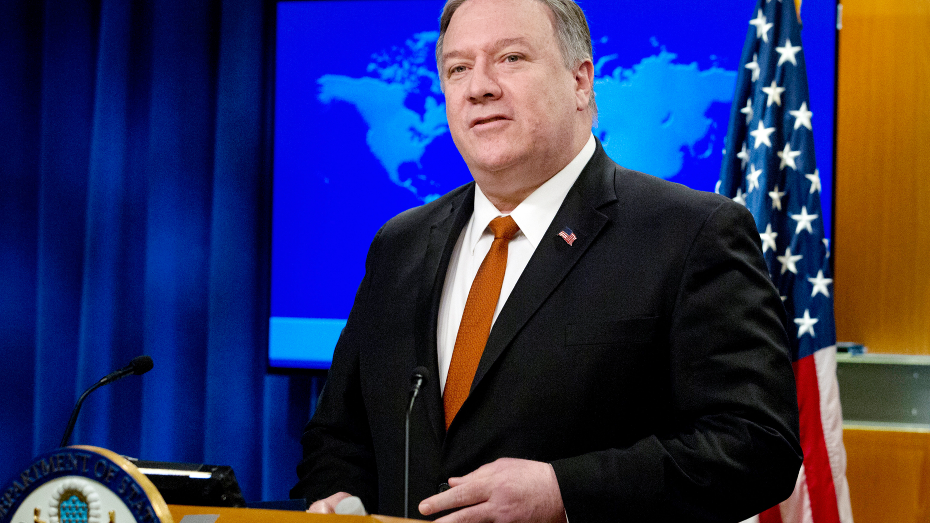 FILE - In this March 13, 2019, file photo, U.S. Secretary of State Mike Pompeo speaks during the release of the 2018 Country Reports on Human Rights Practices at the Department of State in Washington. China has responded to new U.S. allegations of human rights abuses with its own accusations of prejudice and interference, saying Washington should drop its “Cold War mentality” and stop interfering in China’s internal affairs. (AP Photo/Jose Luis Magana, File)