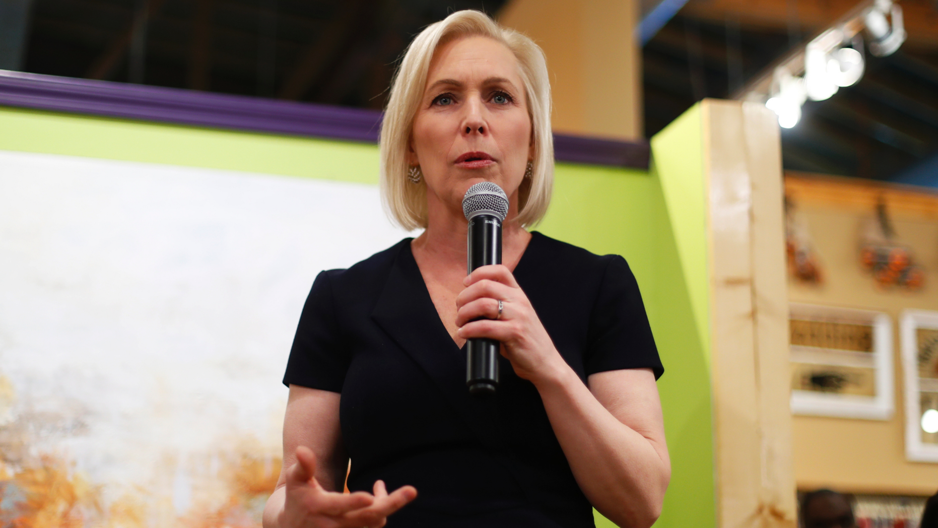 In this Monday, March 18, 2019, photo, Democratic presidential candidate Sen. Kirsten Gillibrand, D-N.Y., speaks at a campaign meet-and-greet in Clawson, Mich. Gillibrand is preparing to speak Sunday at the Trump International Hotel & Tower in New York. (AP Photo/Paul Sancya)