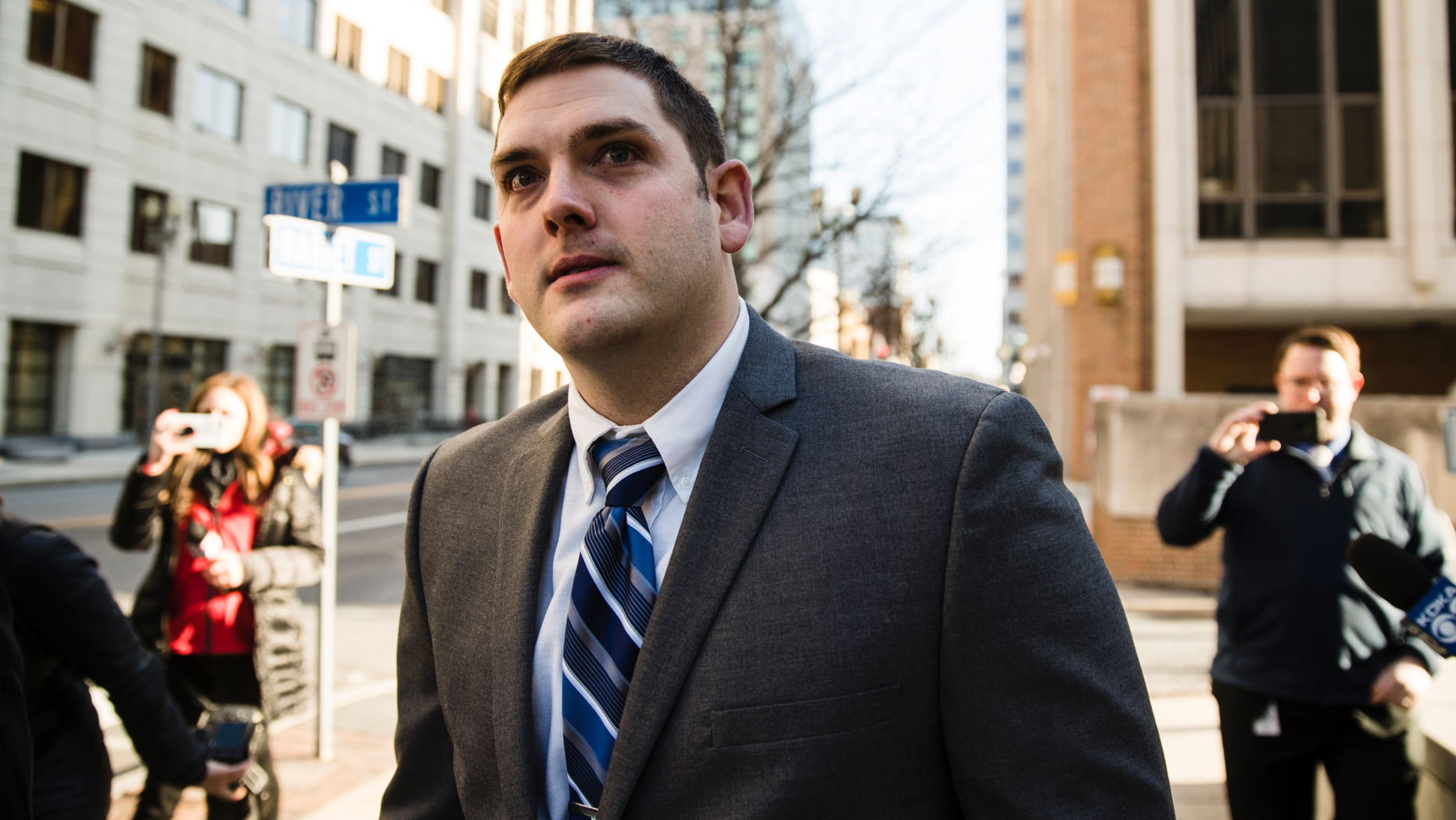 Former East Pittsburgh police officer Michael Rosfeld, charged with homicide in the shooting death of Antwon Rose II, arrives at the Dauphin County Courthouse in Harrisburg, Pa., Tuesday, March 12, 2019. (AP Photo/Matt Rourke)
