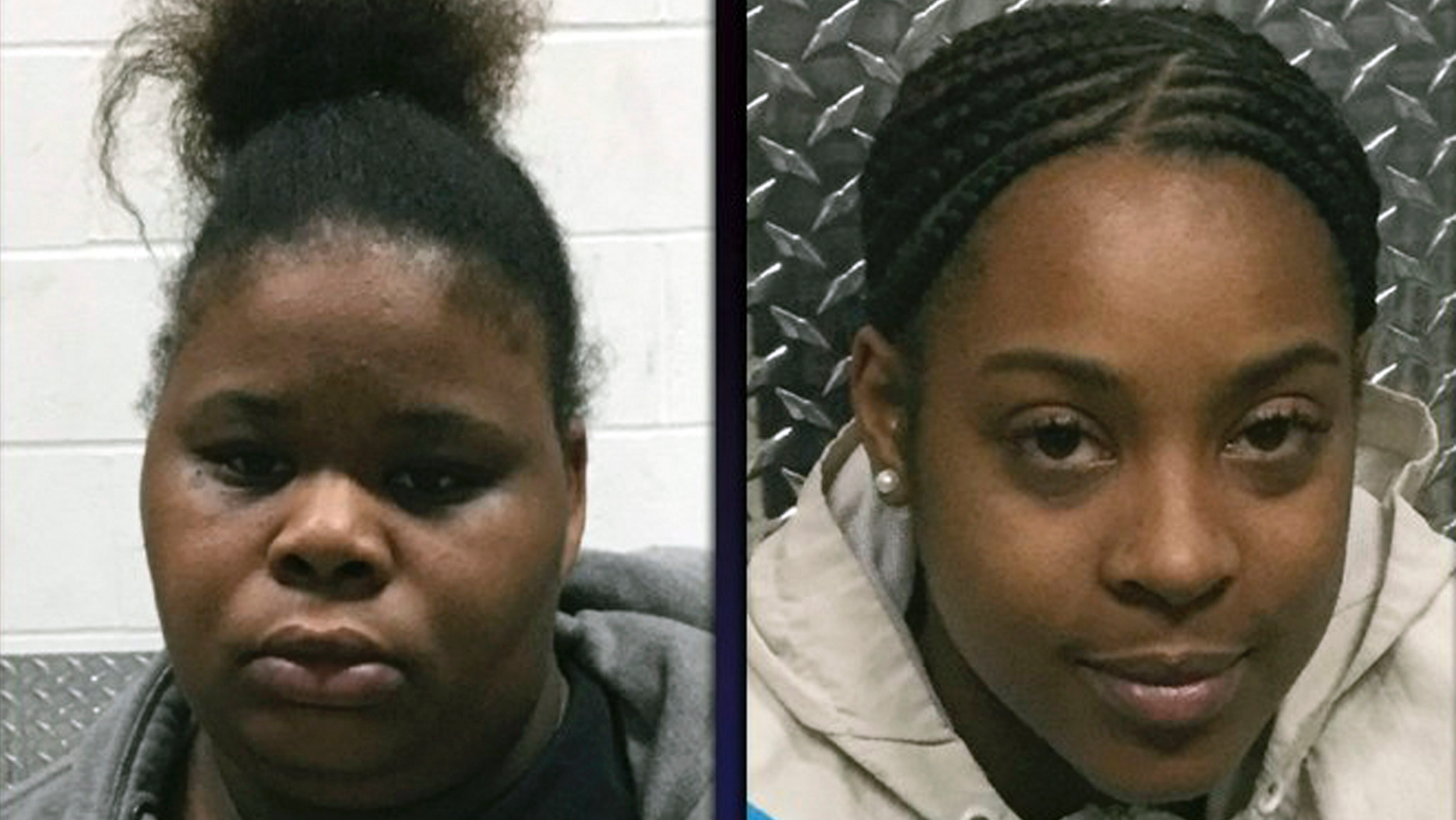 This photo provided by the North County Police Cooperative shows, Wilma Brown, left, and Ariana Silver who are both charged with abuse of a child stemming from incidents at Brighter Daycare in February 2019. The two Missouri day care center workers face felony charges after surveillance video showing a 3-year-old girl being thrown against a cabinet went viral. St. Louis County prosecutors filed child abuse charges Thursday, Feb. 28, 2019, against the woman who allegedly threw the child into the cabinet, 27-year-old Brown. The incident occurred Feb. 1 at Brighter Day Care and Preschool. (North County Police Cooperative/St. Louis Post-Dispatch via AP)