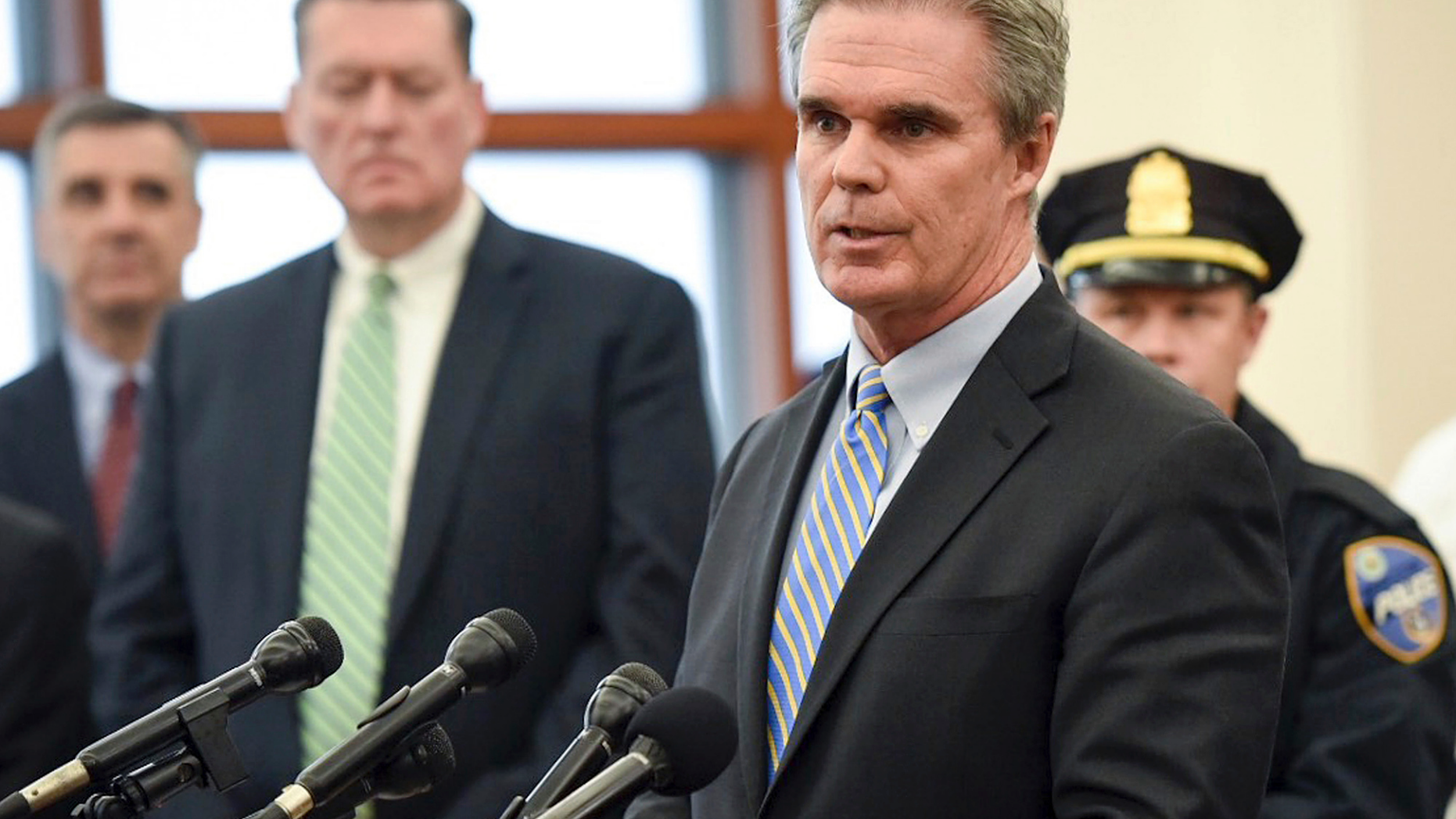 Worcester District Attorney Joseph D. Early Jr. announces an arrest in the death of Firefighter Christopher Roy during a news conference in Worcester Superior Court Friday March 15, 2019. (Ashley Green/Worcester Telegram & Gazette via AP)