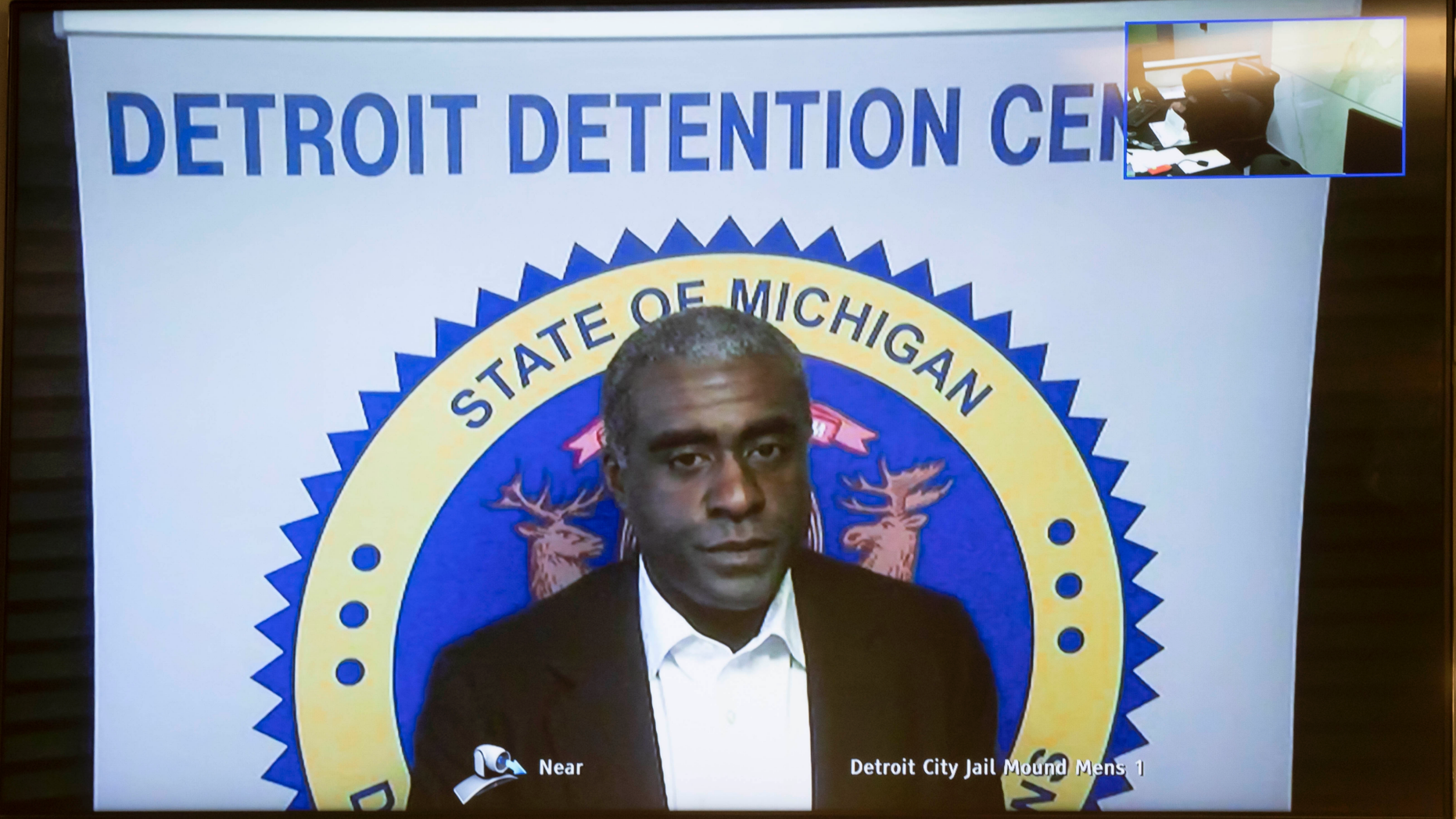 In a frame grab from video, Khari Mosley, husband of Allegheny County Controller Chelsa Wagner, appears in a video arraignment at 36th District court in Detroit, March 25, 2019. The pair were charged with resisting arrest and obstructing the police during an incident at the Westin Book Cadillac hotel in Detroit on March 6. (David Guralnick/The Detroit News via AP)