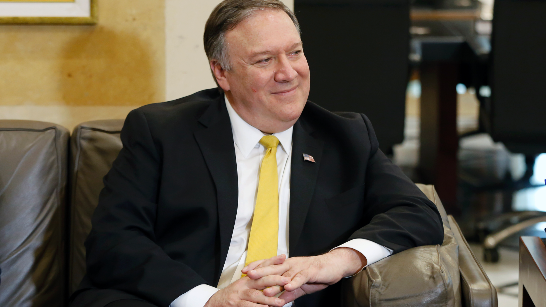 U.S. Secretary of State Mike Pompeo, meets with Lebanese Prime Minister Saad Hariri, in Beirut, Lebanon, Friday, March. 22, 2019. Mike Pompeo arrived in Lebanon on Friday amid strong regional condemnation of President Donald Trump's declaration that it's time the U.S. recognized Israel's sovereignty over the Israeli-occupied Golan Heights. (AP Photo/Bilal Hussein)