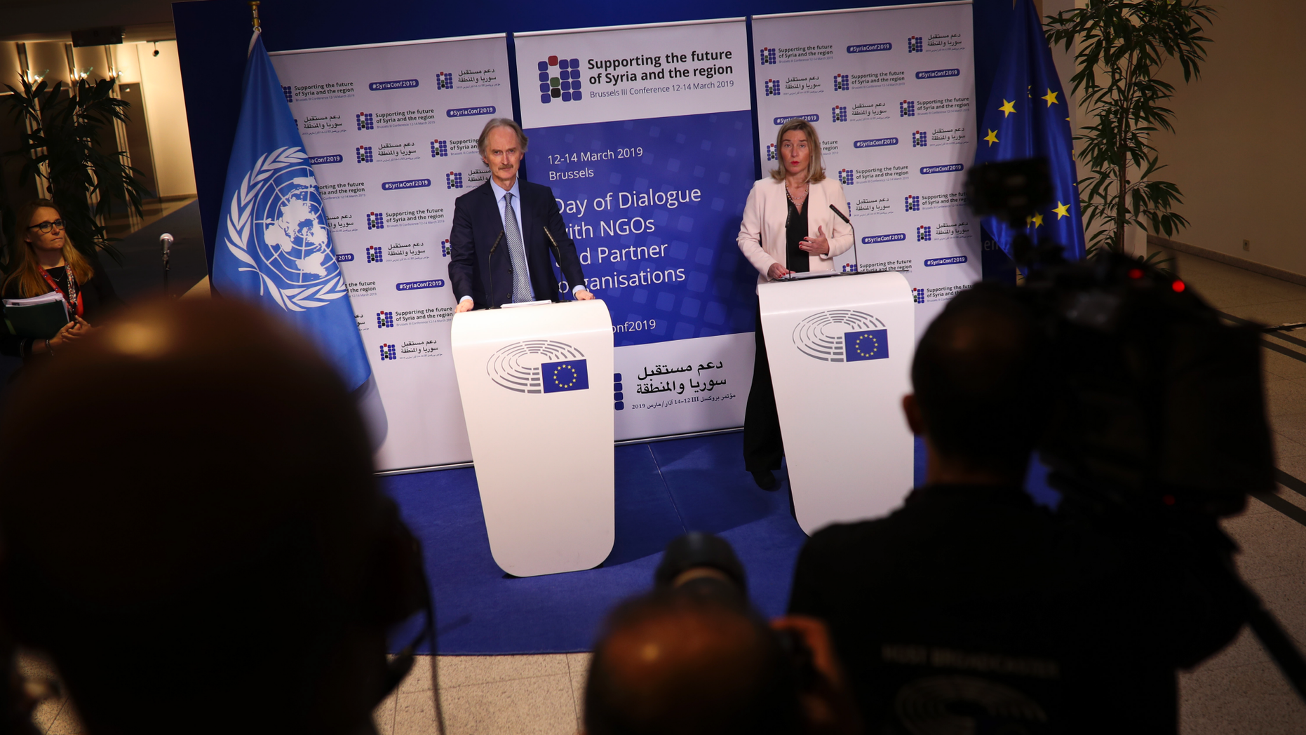 European Union foreign policy chief Federica Mogherini, right, and UN Syria envoy Geir Pedersen talk to journalists at the European Parliament on the eve of the Syria donors conference, in Brussels, Wednesday, March 13, 2019. Top officials are warning that the crisis in Syria is not over and are calling for large-scale support for people in need on the eve of a major donor's conference. (AP Photo/Francisco Seco)