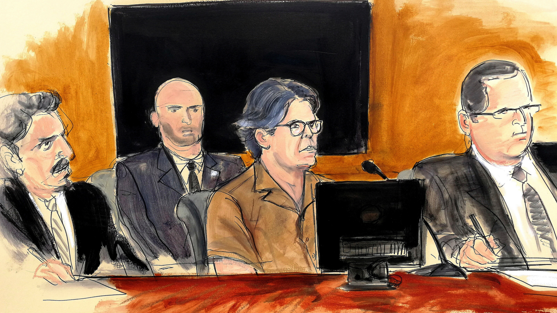 FILE- In this April 13, 2018 courtroom sketch Keith Raniere, second from right, leader of the secretive group NXIVM, attends a court hearing in the Brooklyn borough of New York. The spiritual leader of an upstate New York self-help group has pleaded not guilty on Monday, March 18, 2019 to new charges accusing him of possessing child pornography. (Elizabeth Williams via AP, File)
