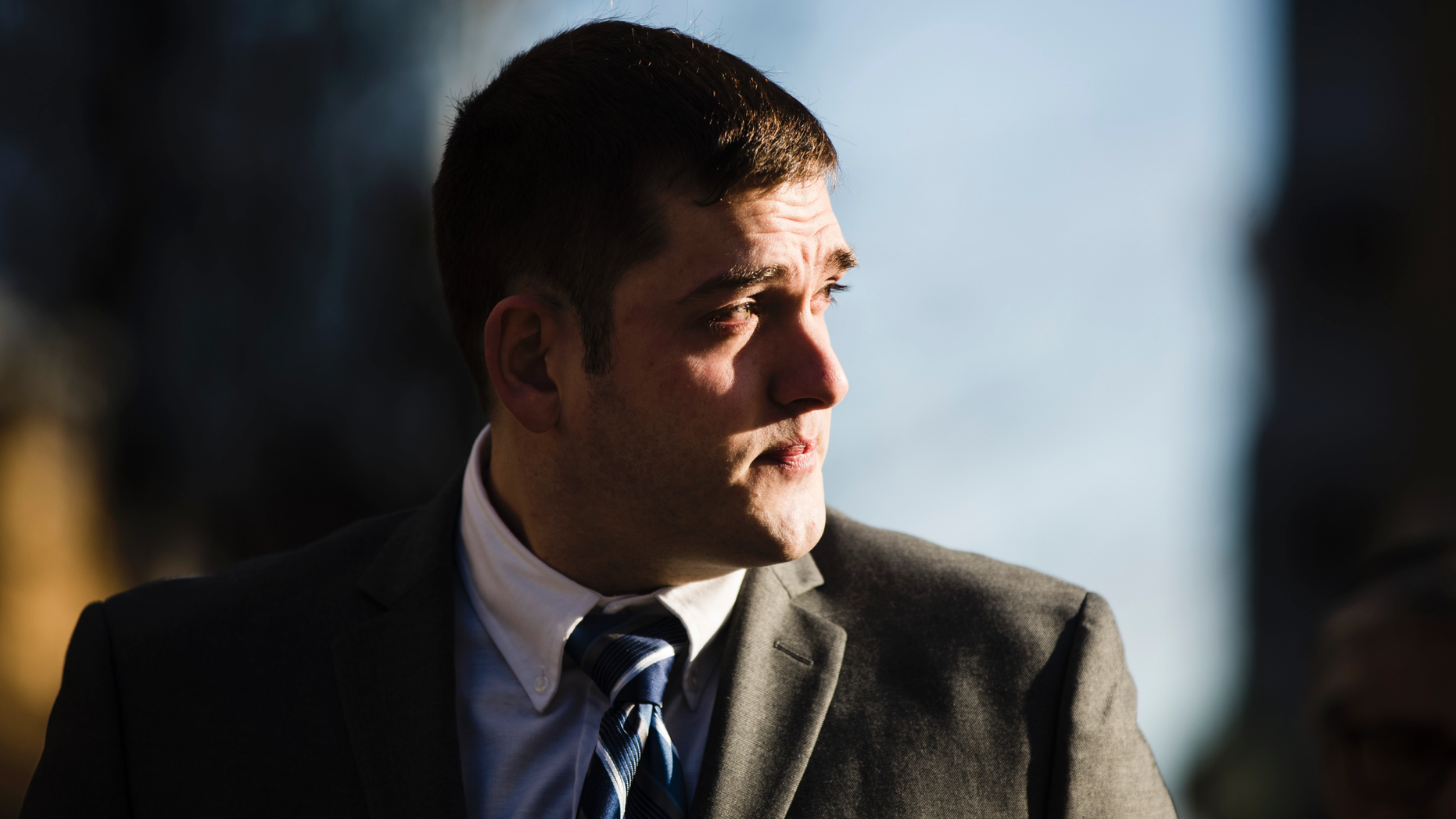 Former East Pittsburgh police officer Michael Rosfeld, charged with homicide in the shooting death of Antwon Rose II, arrives at the Dauphin County Courthouse in Harrisburg, Pa., Tuesday, March 12, 2019. (AP Photo/Matt Rourke)