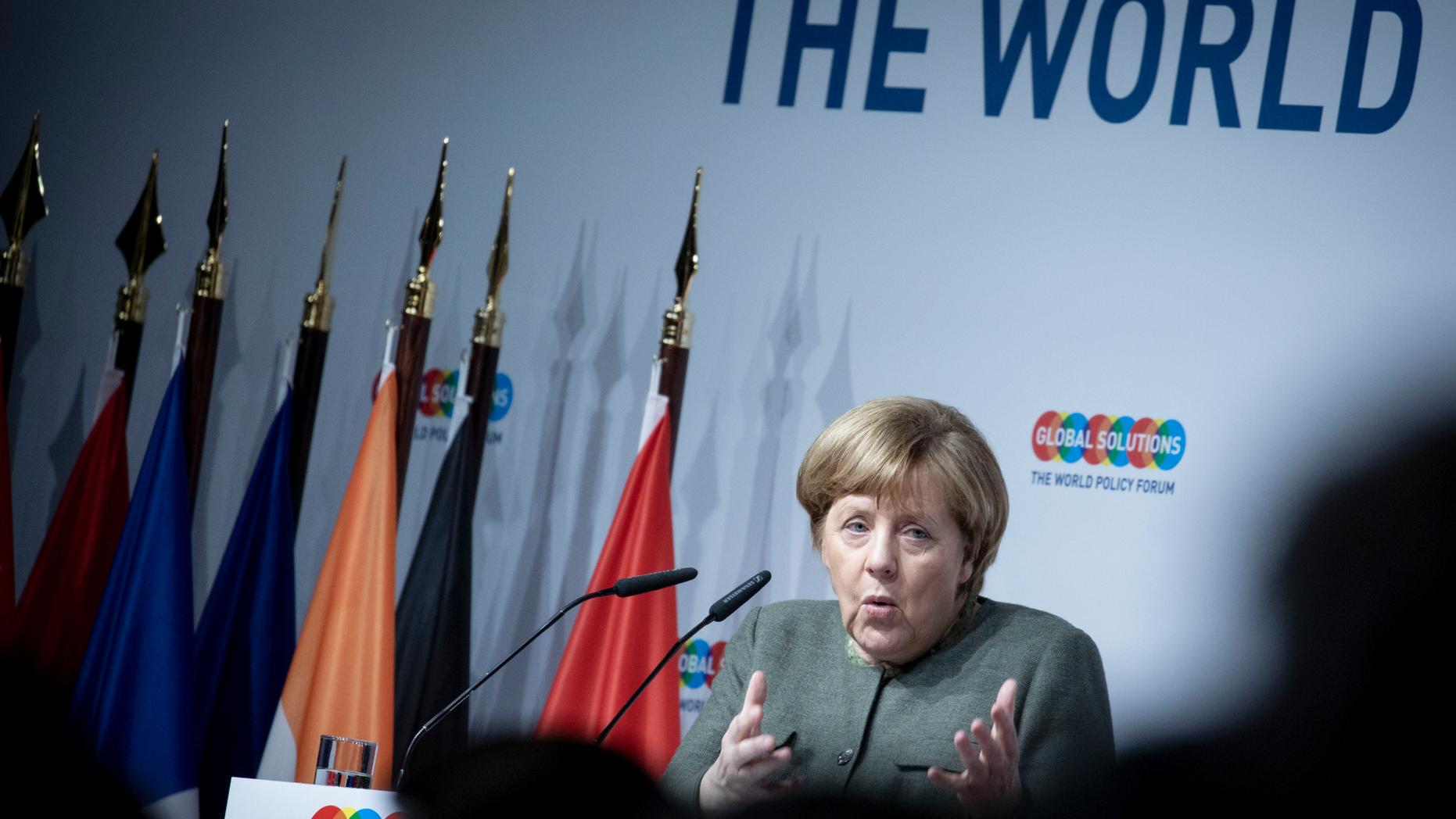 German chancellor Angela Merkel attends the 'Global Solutions Summit' in Berlin, Germany, Tuesday, March 19, 2019. Germany has launched an auction for frequencies in the future super-fast 5G network following a dispute over conditions imposed by authorities and questions over whether China's Huawei can supply equipment. (Kay Nietfeld/dpa via AP)