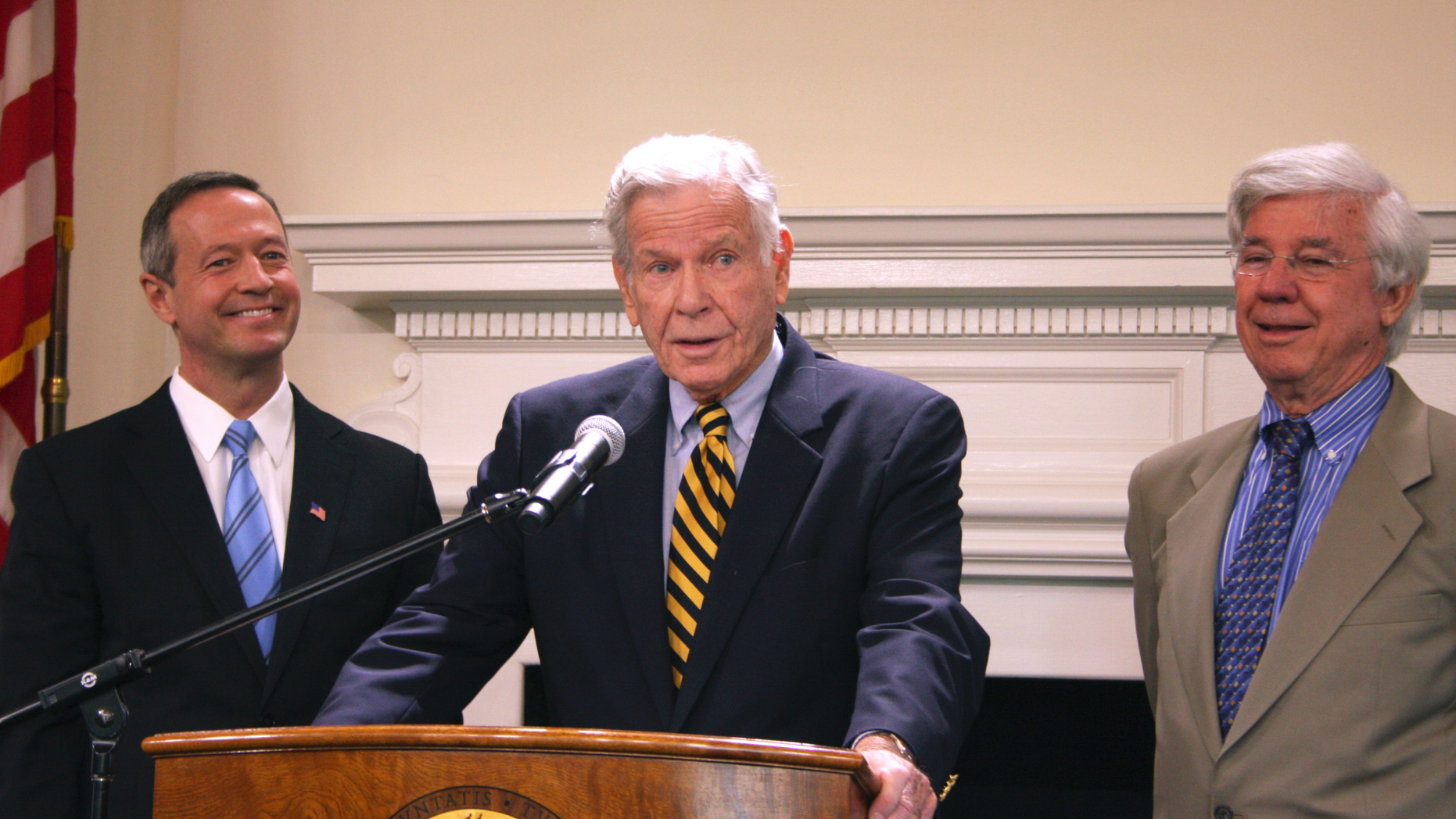 FILE - In this Dec. 19, 2011 file photo, former Maryland Gov. Harry Hughes, center, joins Gov. Martin O'Malley, left, and former Gov. Parris Glendening, right, in Annapolis. Hughes, who prided himself on restoring public faith in the political process, has died. He was 92. In a statement on Hughes' passing Gov. Larry Hogan said Wednesday, March 13, 2019 that flags will be flown at half-staff until sunset of the day of interment. (AP Photo/Brian Witte, File)