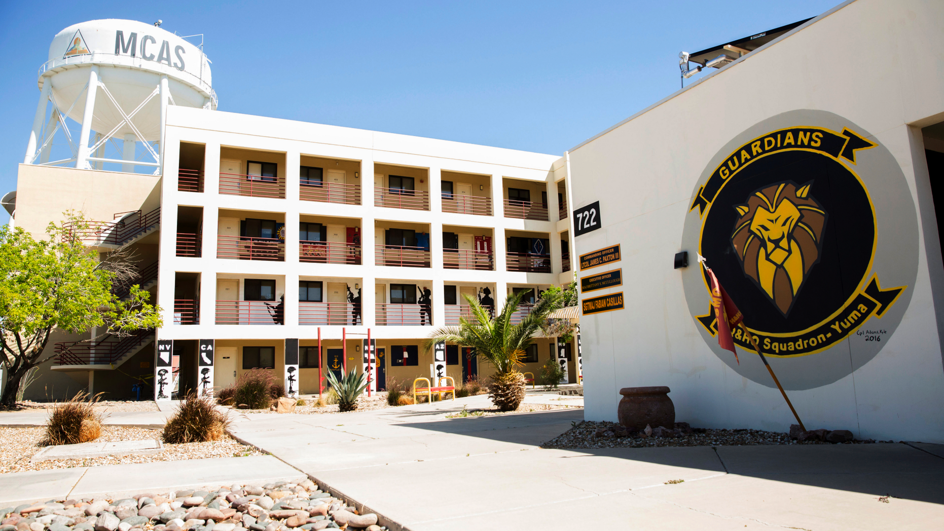 This March 28, 2019 photo released by the U.S. Marine Corps shows the Marine Corps Air Station Squadron barracks at the Marine Corps Air Station (MCAS) in Yuma, Ariz. The U.S. Marine Corps reports two pilots died in a helicopter crash near Yuma, Arizona on Saturday, March 31, 2019. The Marine Corps says the pilots of the AH-1Z Viper were conducting a routine training mission. (Cpl. Sabrina Candiaflores/U.S. Marine Corps via AP)