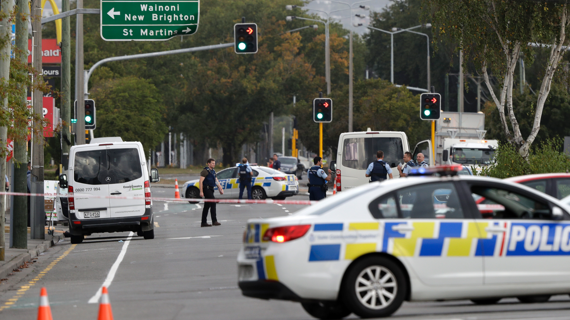 Police block the road near the shooting at a mosque in Linwood, Christchurch, New Zealand, Friday, March 15, 2019. Multiple people were killed during shootings at two mosques full of people attending Friday prayers. (AP Photo/Mark Baker)
