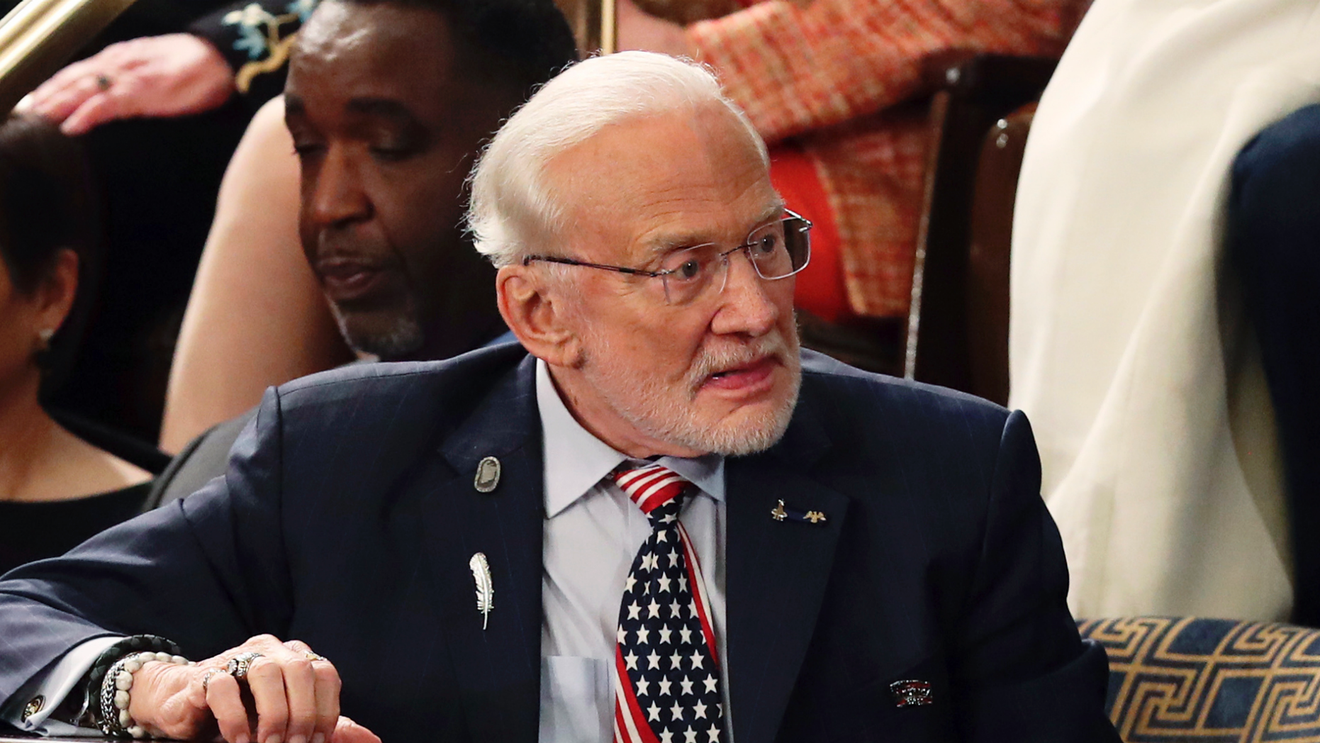DOSSIER - In this photo of February 5, 2019, astronaut Buzz Aldrin arrives for President Donald Trump's State of the Union address at a joint session of Congress on Capitol Hill in Washington. Aldrin's legal battle with his grown-up children over the former astronaut's ability to manage his business ended on Wednesday, March 13, preventing a messy intrafamily clash from celebrating this summer's 50th anniversary of his moon tour Apollo 11. (AP Photo / Andrew Harnik, File)