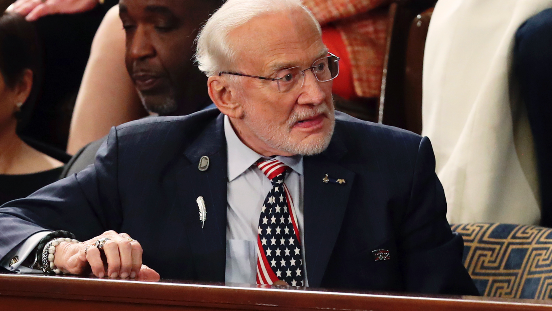 FILE - In this Feb. 5, 2019, file photo, astronaut Buzz Aldrin arrives for President Donald Trump's State of the Union address to a joint session of Congress on Capitol Hill in Washington. A legal fight between Aldrin and his adult children over whether the former astronaut was competent to manage his affairs ended Wednesday, March 13, averting a messy, intrafamily squabble from hanging over celebrations this summer of the 50th anniversary of his Apollo 11 moon-walking. (AP Photo/Andrew Harnik, File)