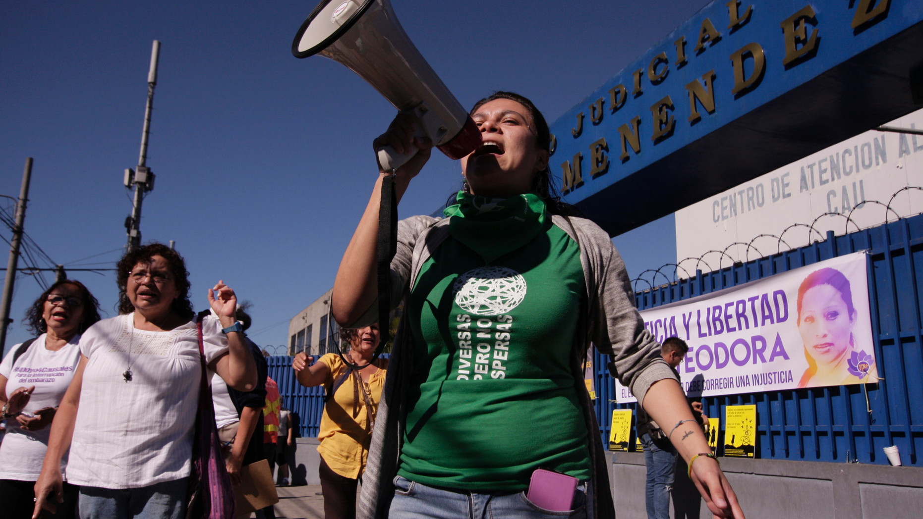 FILE - In this Dec. 13, 2017 file photo, women demand the government free women prisoners who are serving 30-year prison sentences for having an abortion, outside court in San Salvador, El Salvador. After spending 10 years in prison, three women who were sentenced to 30 years for aggravated homicide were freed on Thursday, March 7, 2019 after their sentences were annulled by the El Salvador Supreme Court. (AP Photo/Salvador Melendez, File)