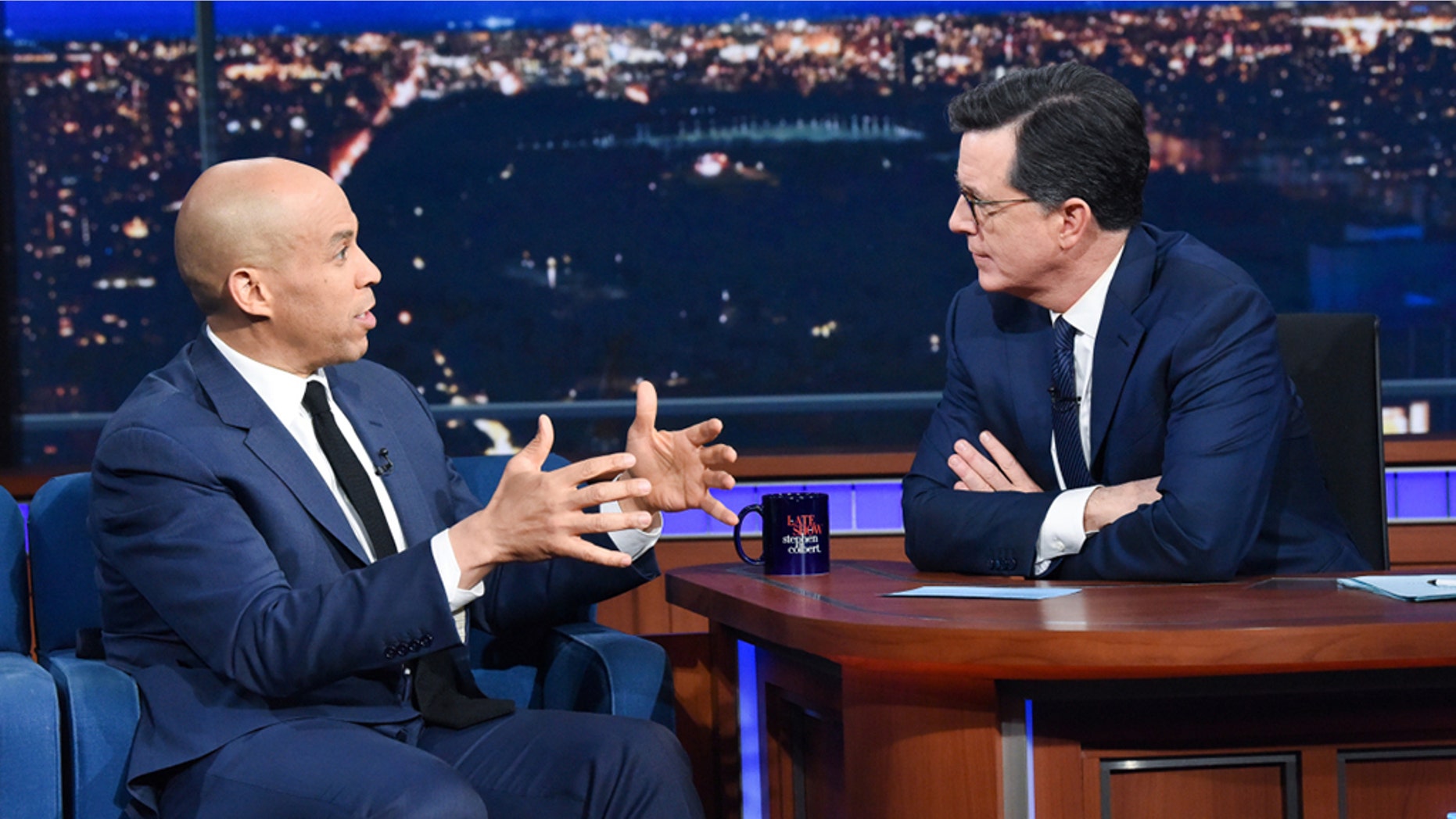 The Late Show with Stephen Colbert and guest Senator Cory Booker during Friday's March 8, 2019 show.