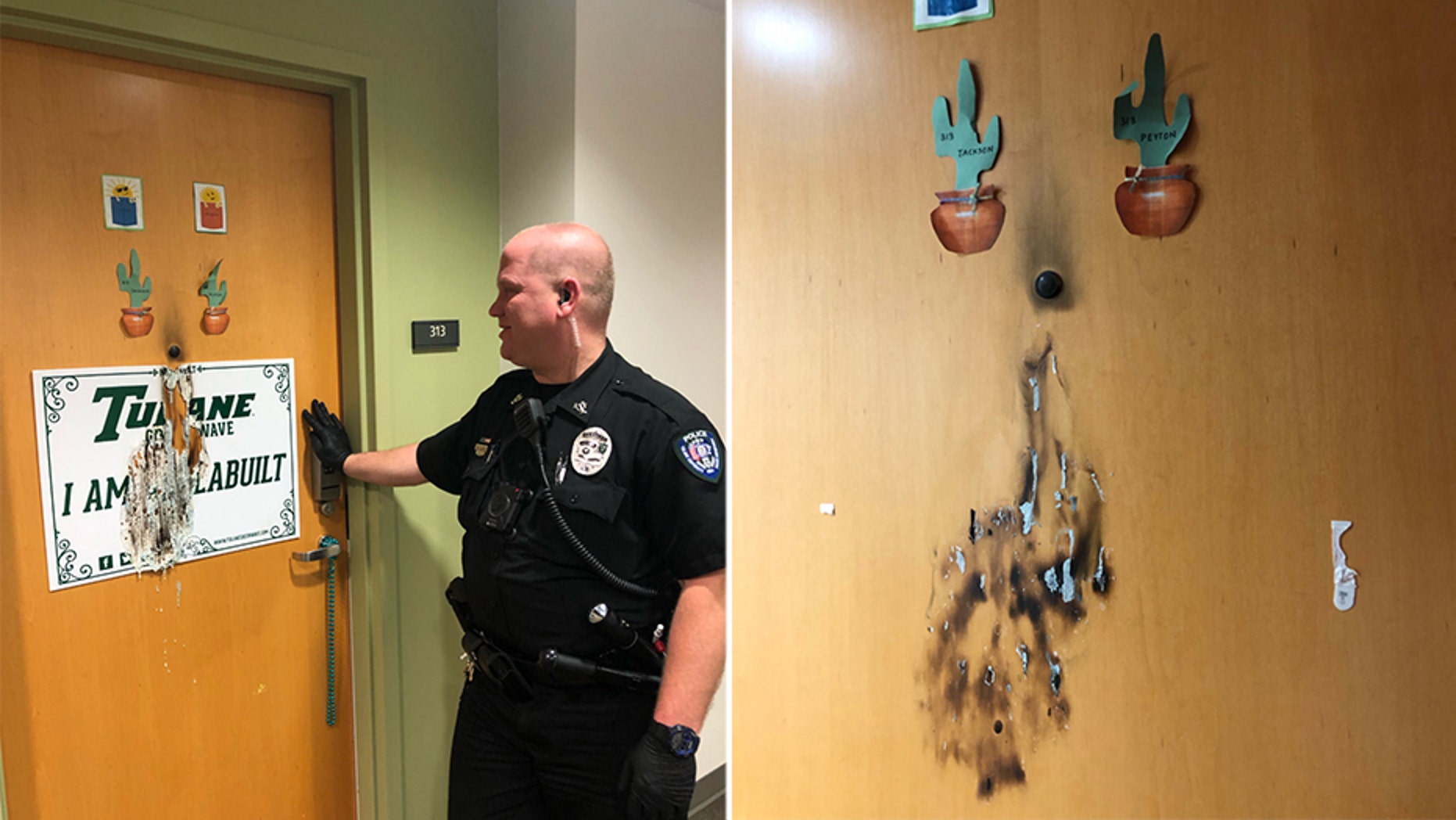 Police officer David Harris assesses the damage after the alleged targeted arson attack on Tulane campus.