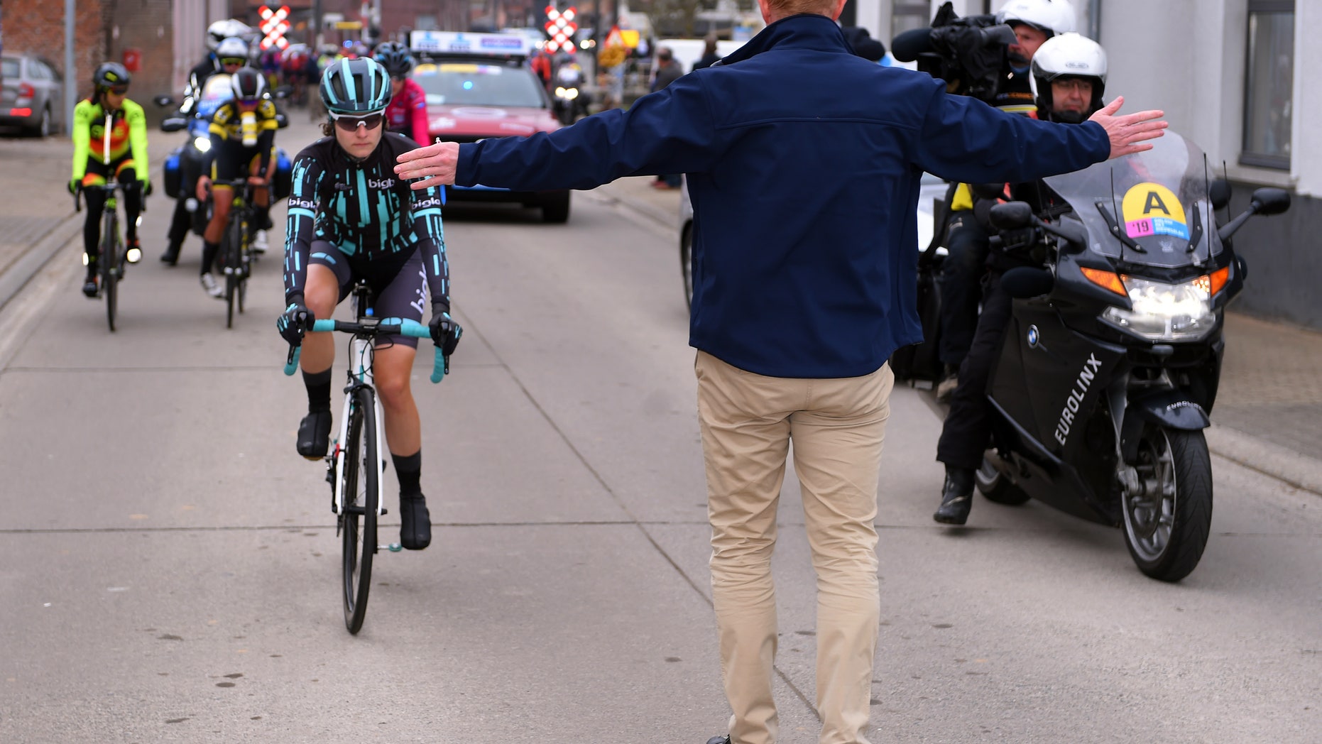 NINOVE, BELGIUM - MARCH 02: Start / Nicole Hanselmann of The United States and Team Bigla / Peloton / during the 13th Omloop Het Nieuwsblad 2019, Women a 122,9km race from Gent to Ninove / @OmloopHNB / Flanders Classic / on March 02, 2019 in Ninove, Belgium. (Photo by Luc Claessen/Getty Images)