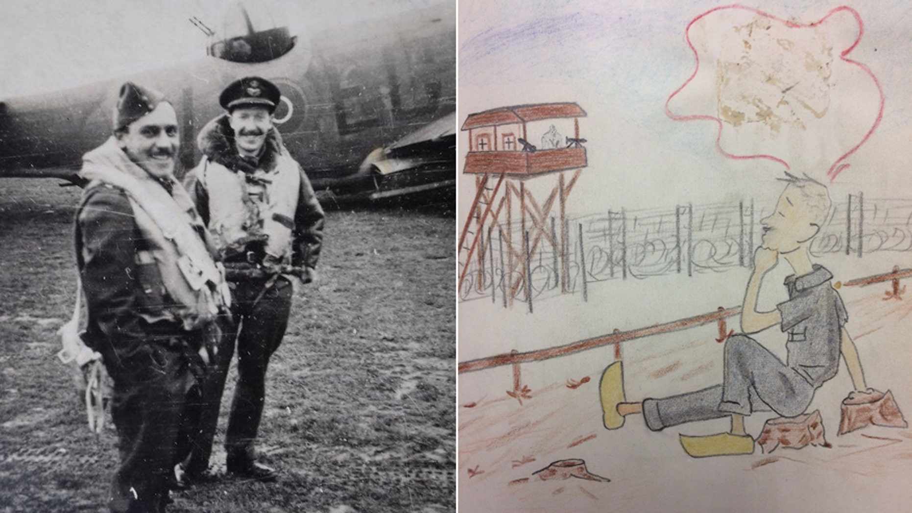 RAF Flt. Lt. Viv Phillips (left) and a fellow officer during World War II/a cartoon from Phillips' diary of life as a POW. (Hansons Auctioneers)
